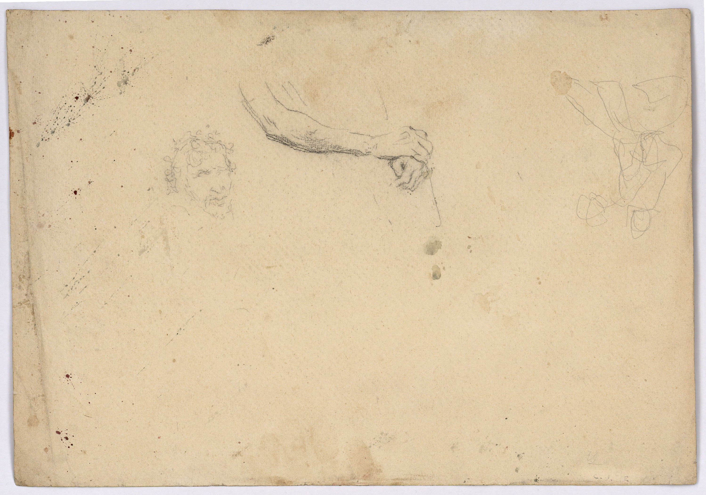 image for: Marià Fortuny - Població marroquina (anvers) / Cap i braços masculins i croquis de figura (revers) - Cap a 1860-1862 [1]