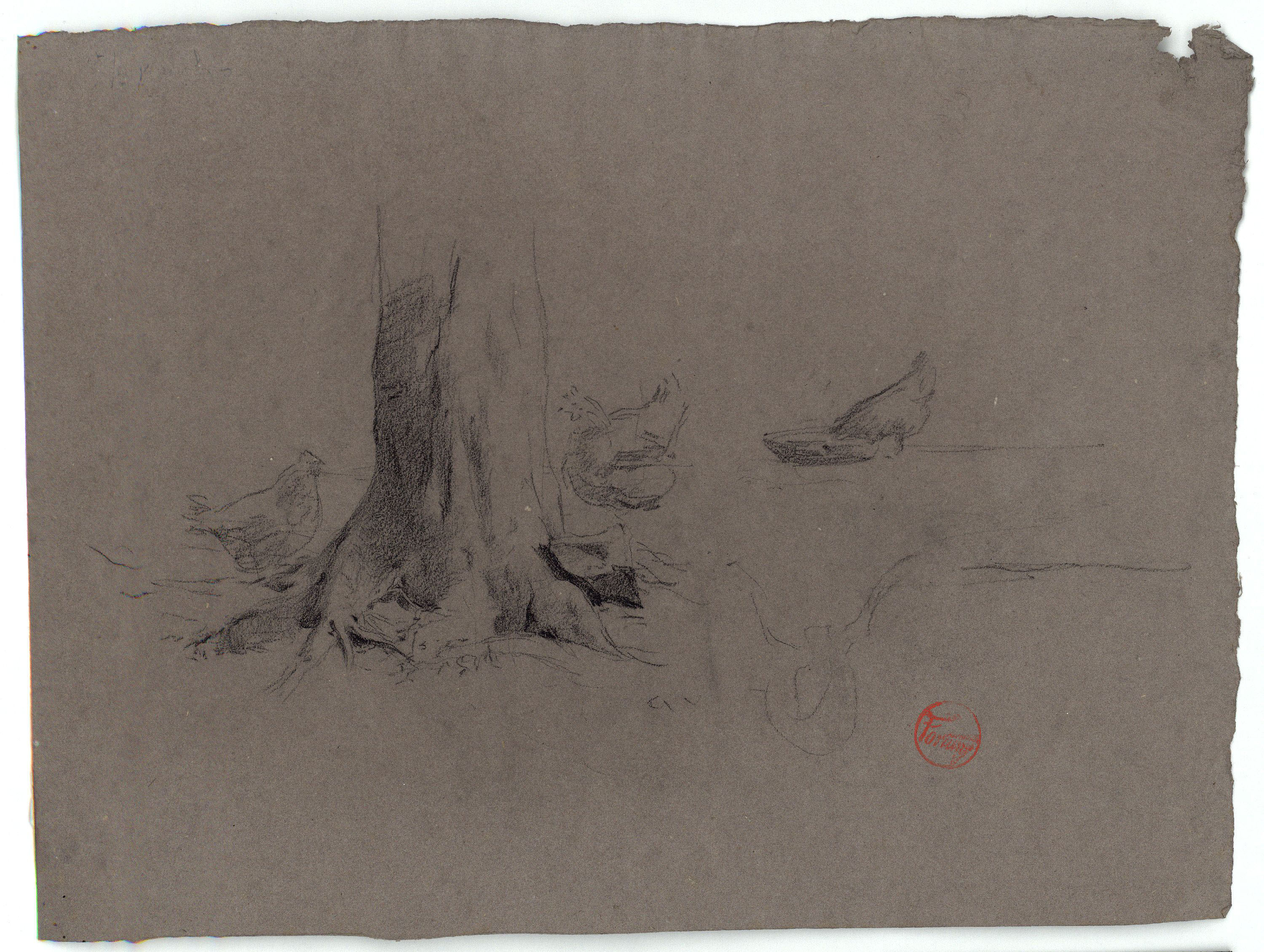 image for: Marià Fortuny - Gallines entorn un tronc d&#039;arbre (anvers) / Gallines i figures masculines (revers) - Cap a 1870