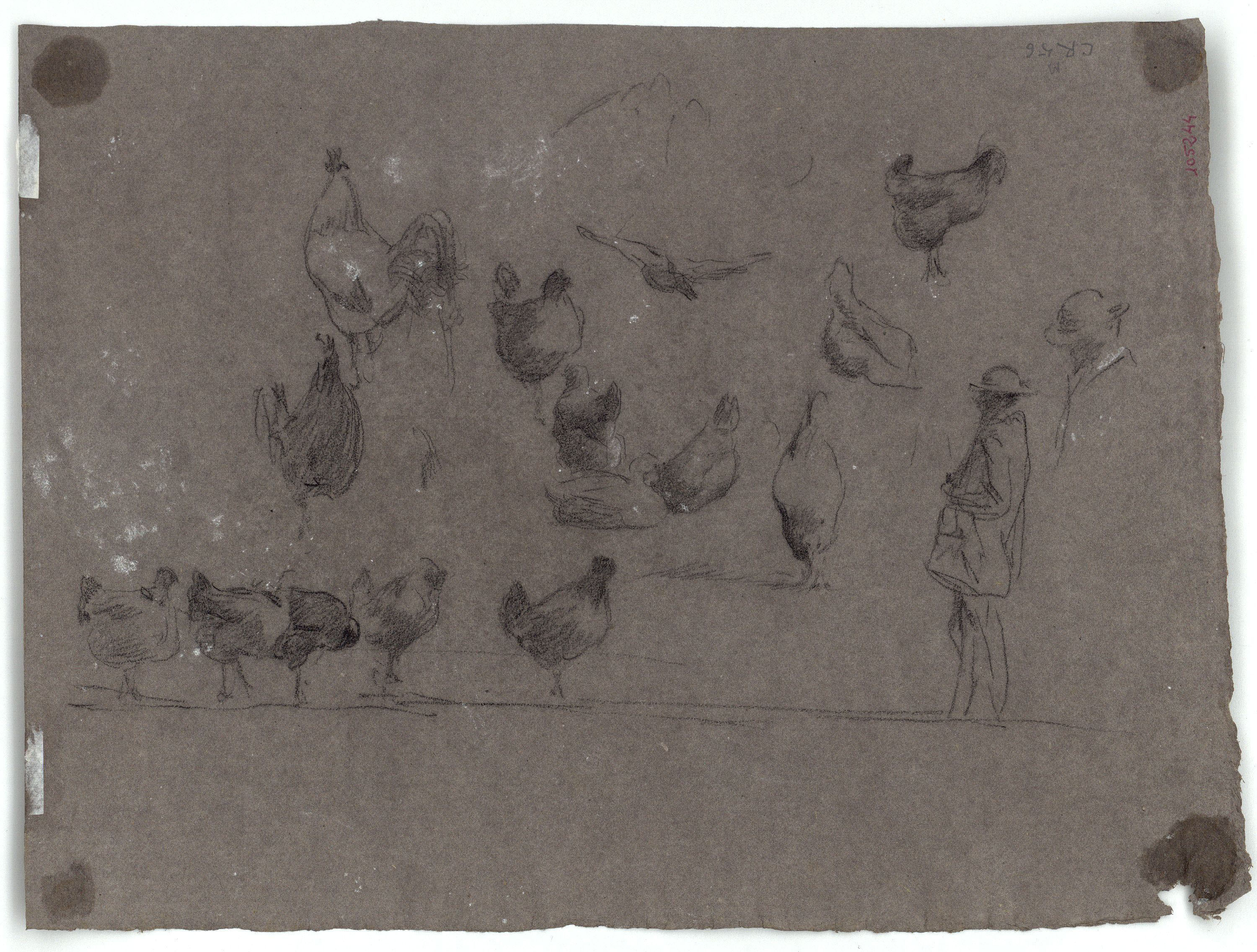 image for: Marià Fortuny - Gallines entorn un tronc d&#039;arbre (anvers) / Gallines i figures masculines (revers) - Cap a 1870 [1]