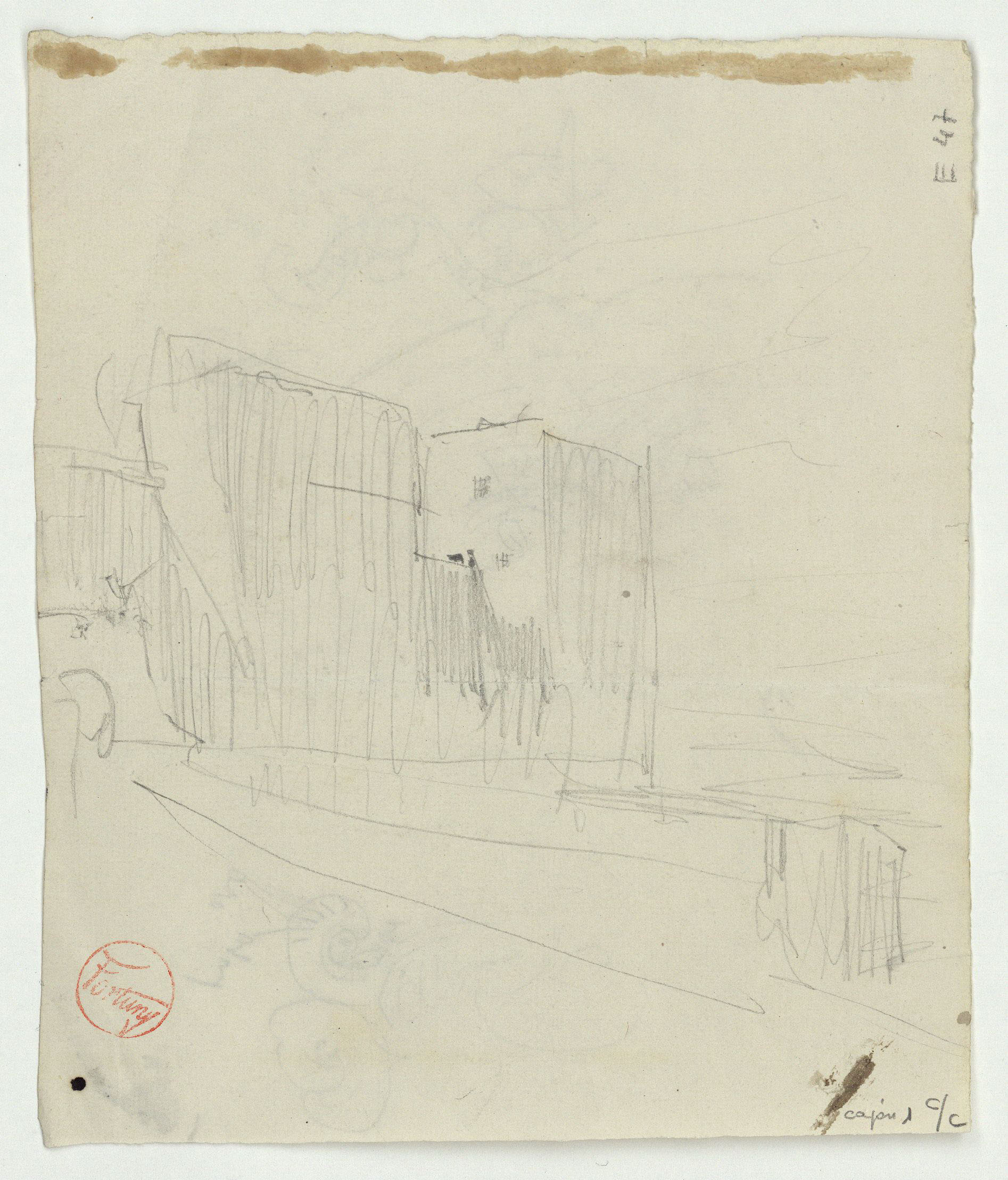 image for: Marià Fortuny - Detalls de motius ornamentals (anvers) / Croquis d&#039;edifici (revers) - Cap a 1860-1862 [1]