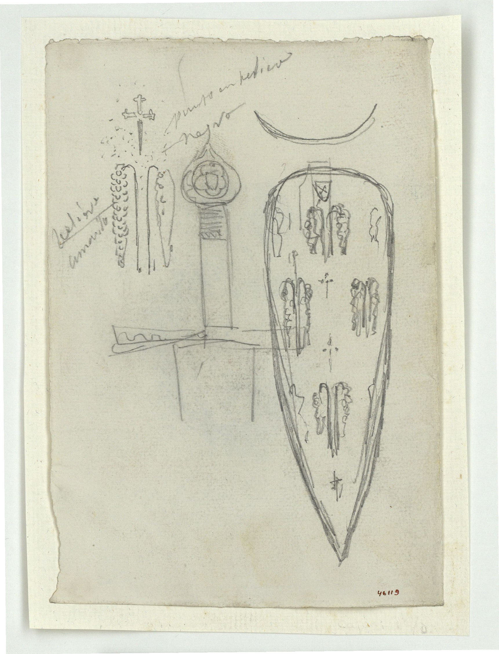 image for: Marià Fortuny - Pom d&#039;espasa, escut i detalls (anvers) / Esbós de guardamà (revers) - Cap a 1867-1872