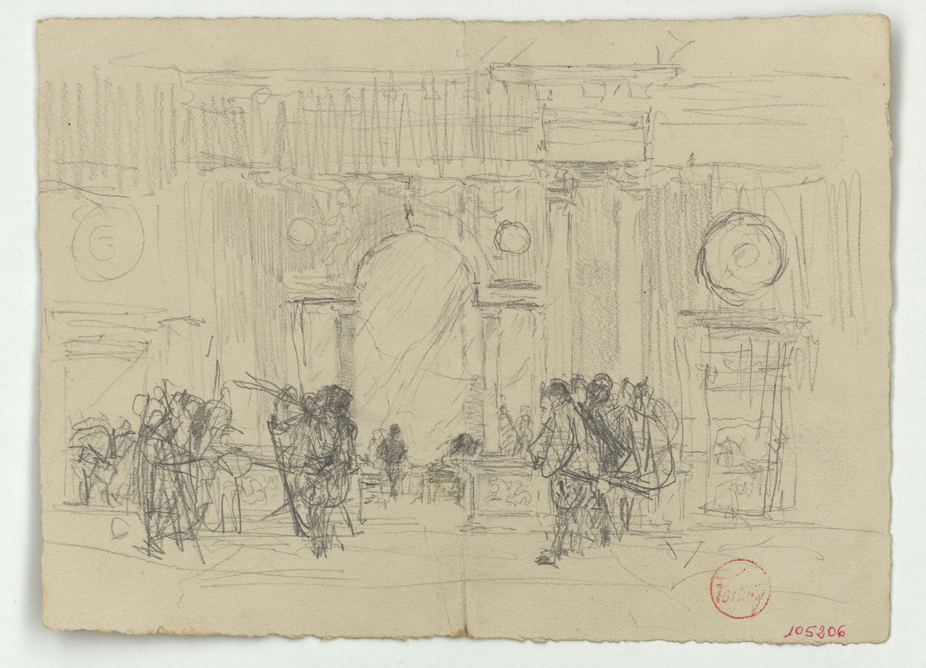 image for: Marià Fortuny - Esbós del palau de Carles V a l&#039;Alhambra de Granada i figures (anvers) / Anells (revers) - Cap a 1870-1872