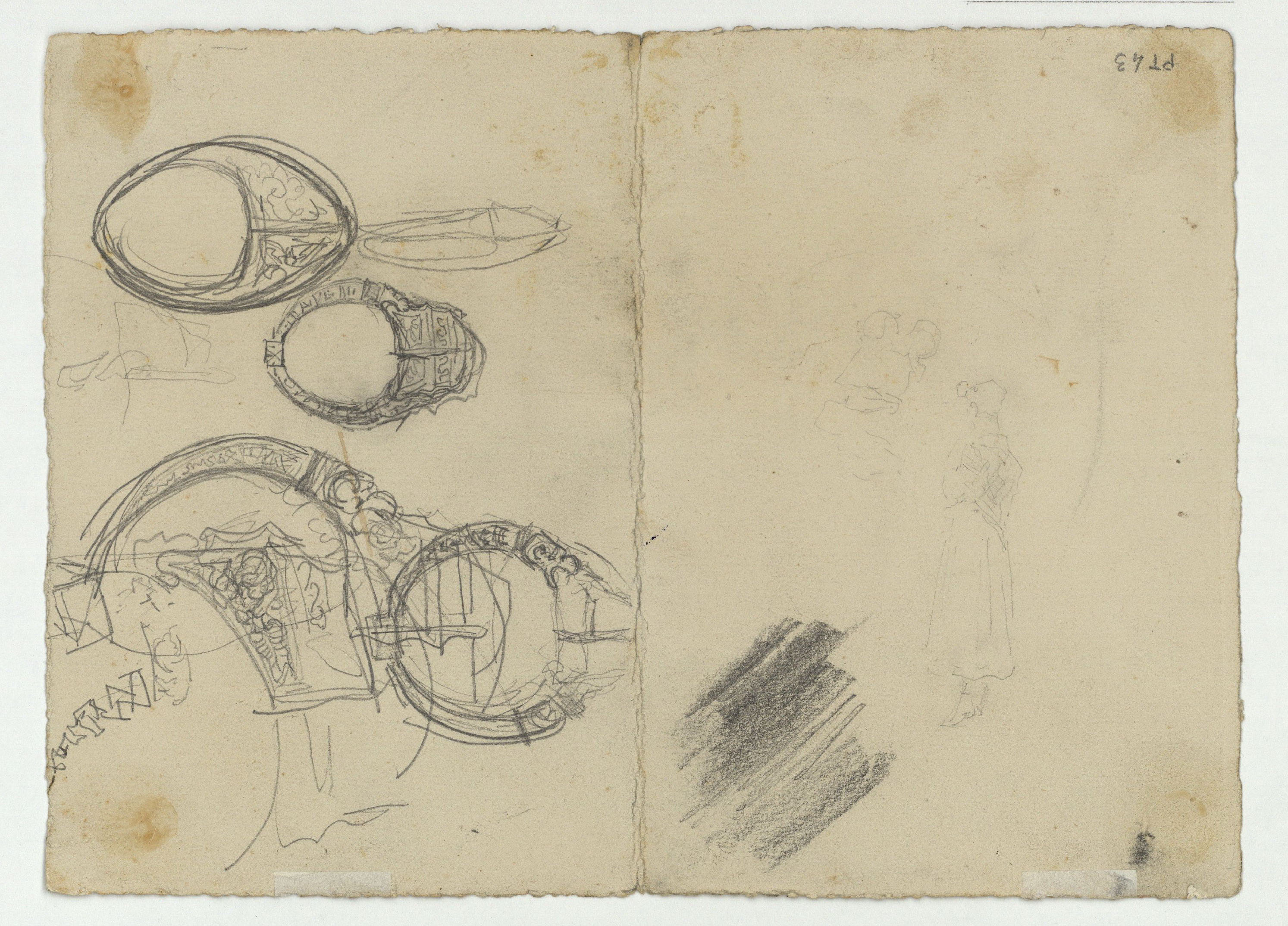 image for: Marià Fortuny - Esbós del palau de Carles V a l&#039;Alhambra de Granada i figures (anvers) / Anells (revers) - Cap a 1870-1872 [1]