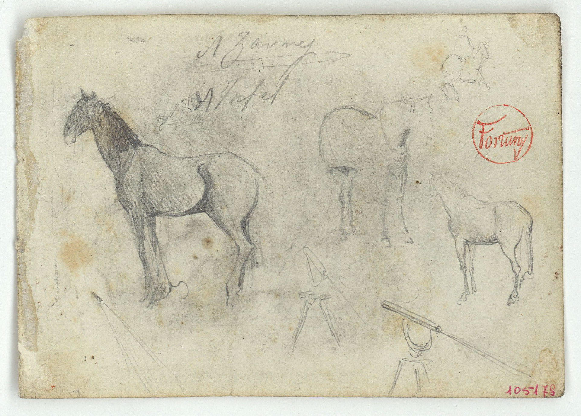 image for: Marià Fortuny - Cavalls i telescopi (anvers) / Arbres (revers) - Cap a 1860
