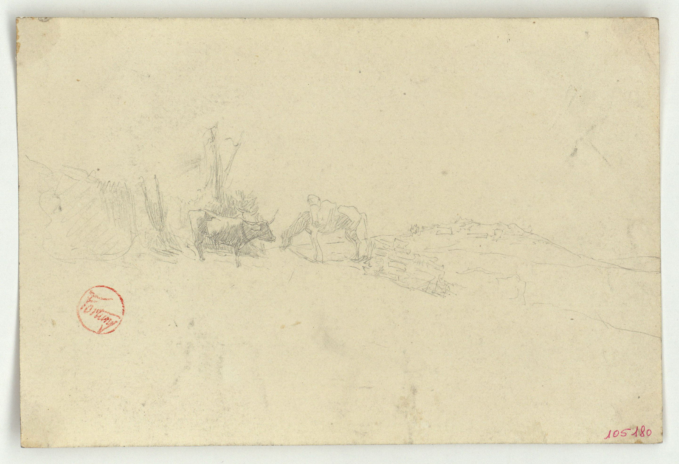 image for: Marià Fortuny - Bou i cavall al camp (anvers) / Croquis de portes d&#039;edificis d&#039;estil musulmà (revers) - Cap a 1860-1862