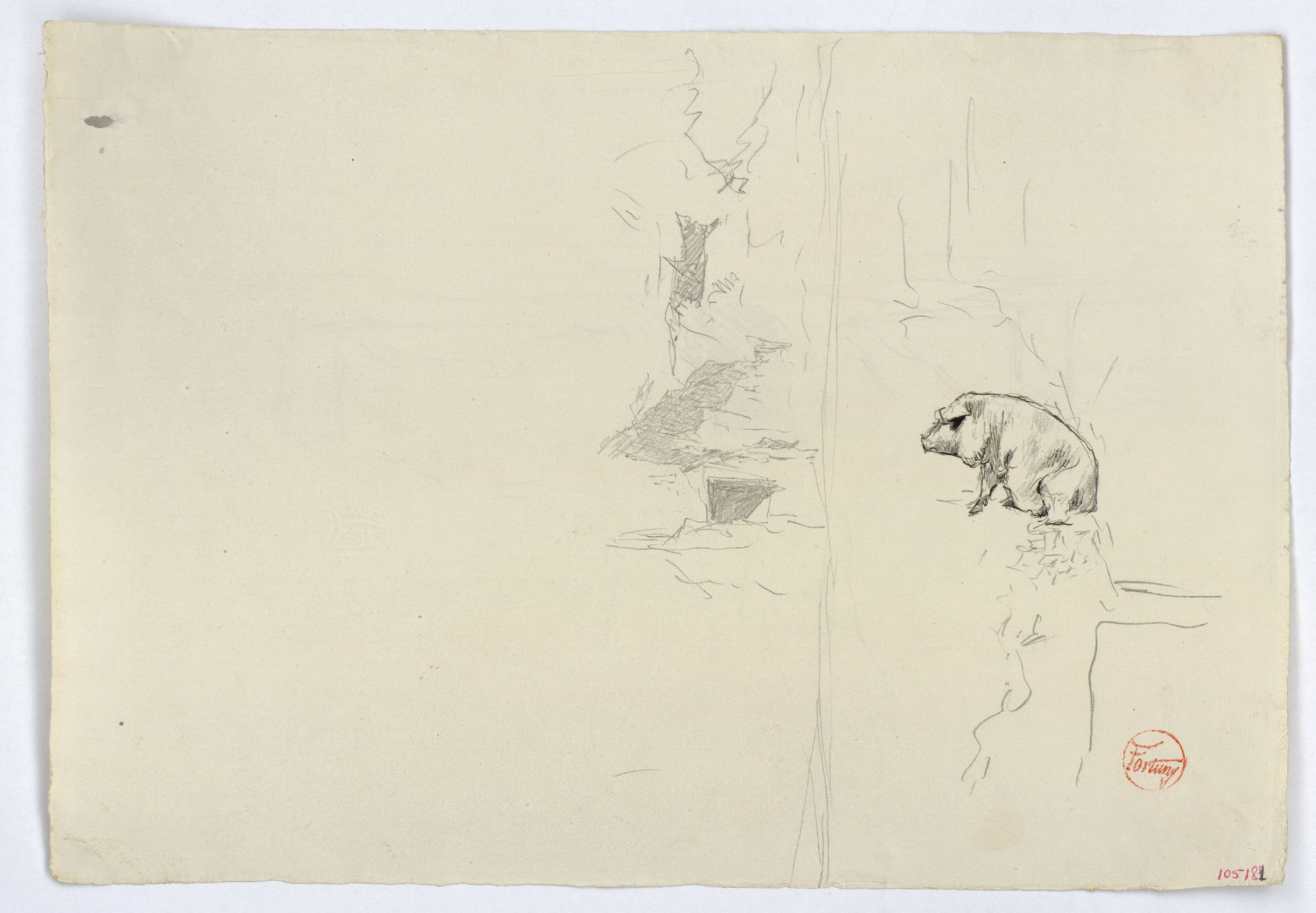 image for: Marià Fortuny - Estudi per al quadre «Els porcs» (anvers) / Croquis inconcret (revers) - Cap a 1872