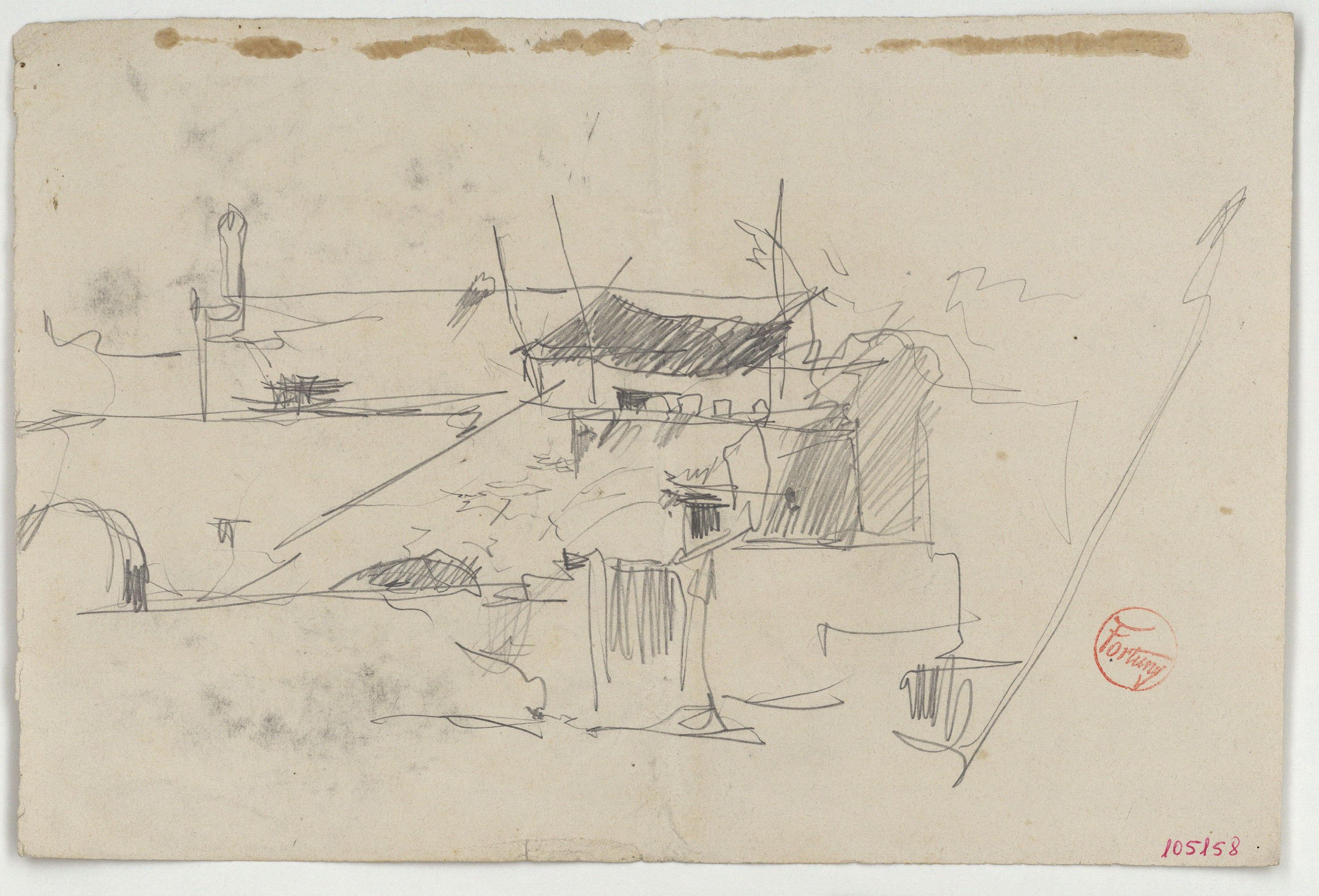 image for: Marià Fortuny - Vista d&#039;un poblat (anvers) / Croquis d&#039;un poblat (revers) - Cap a 1870-1874