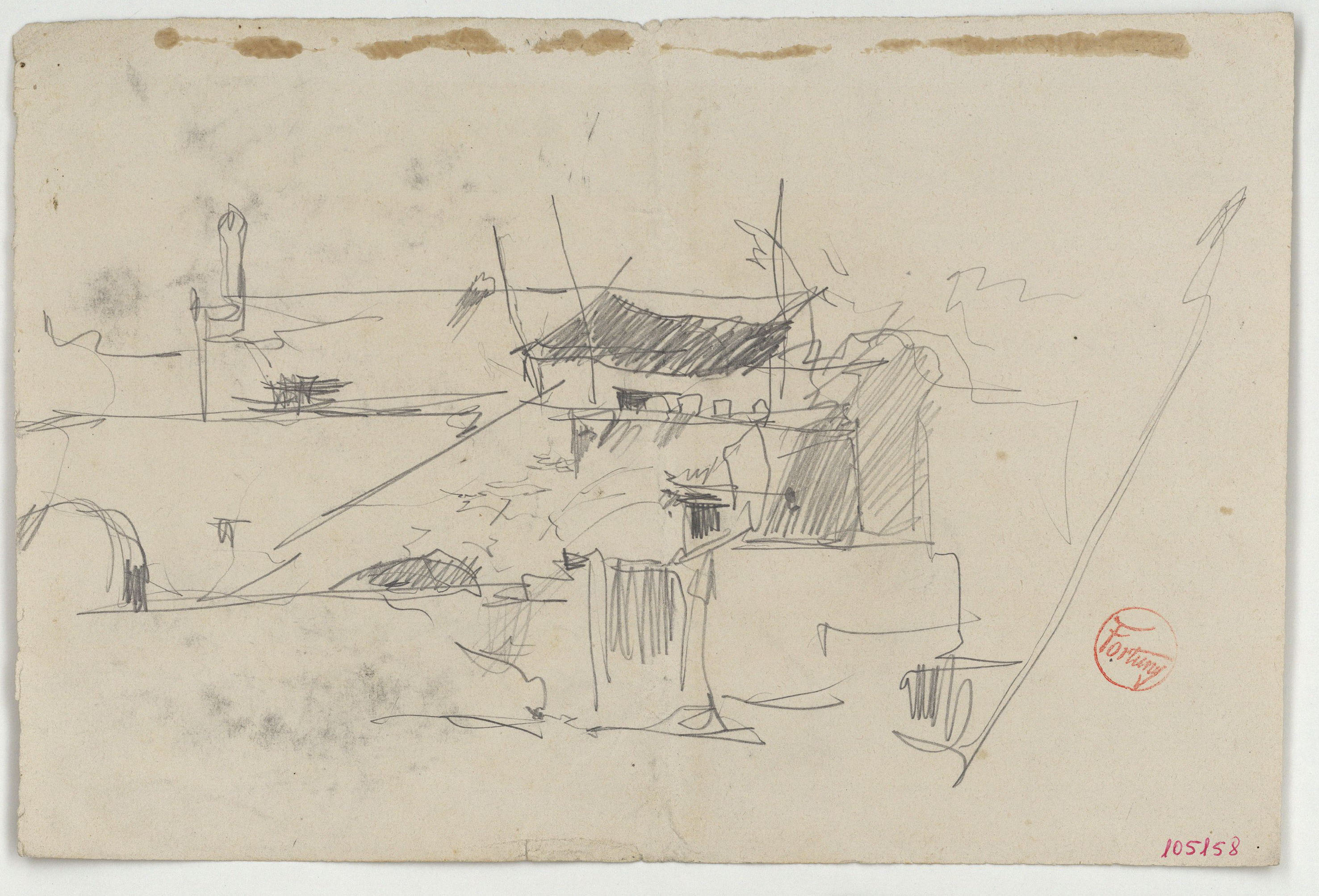 image for: Marià Fortuny - Vista d&#039;un poblat (anvers) / Croquis d&#039;un poblat (revers) - Cap a 1870-1874