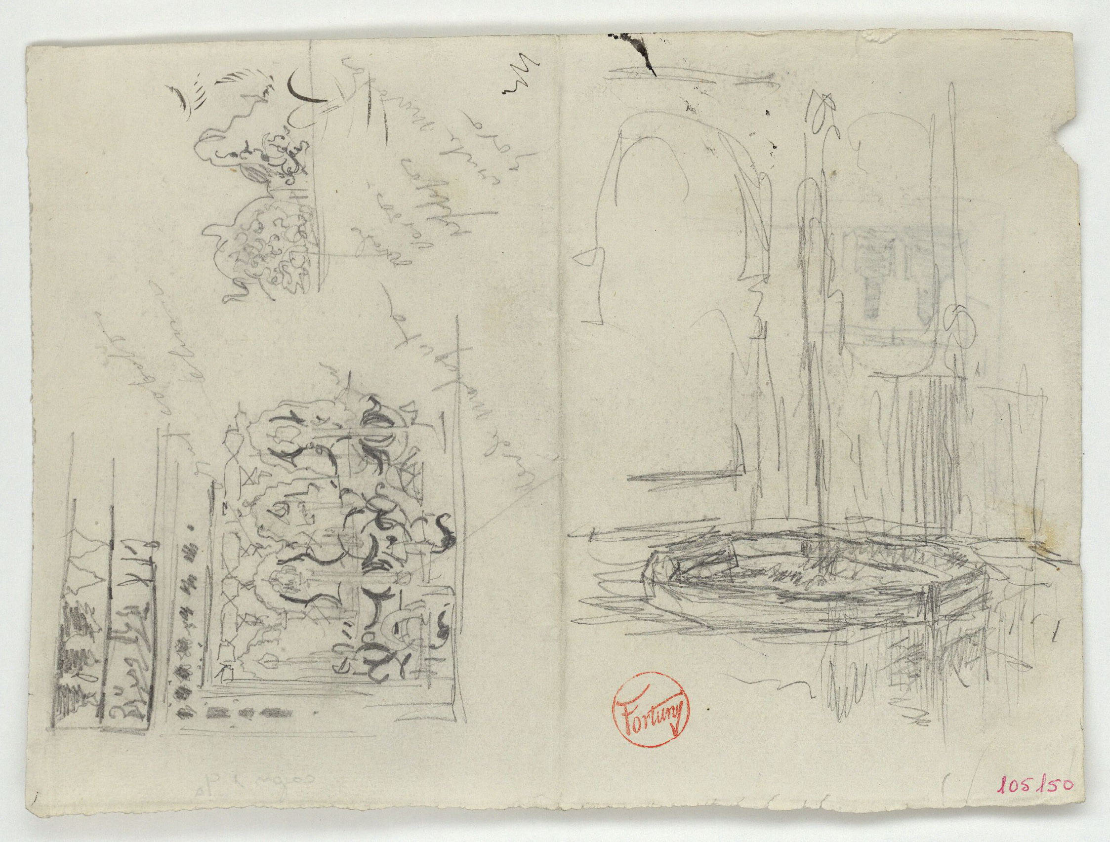 image for: Marià Fortuny - Sanefa d&#039;estil musulmà i brollador (anvers) / Croquis inconcret (revers) - Cap a 1860-1862
