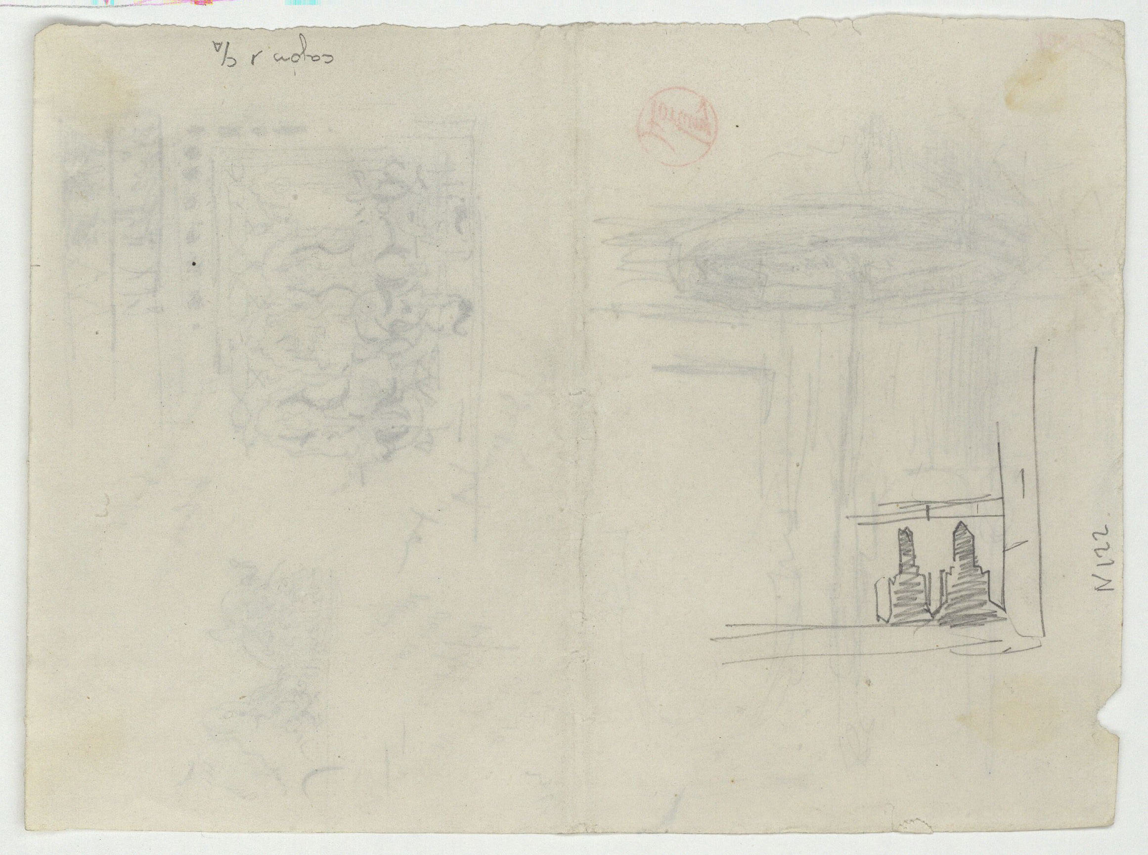 image for: Marià Fortuny - Sanefa d&#039;estil musulmà i brollador (anvers) / Croquis inconcret (revers) - Cap a 1860-1862 [1]