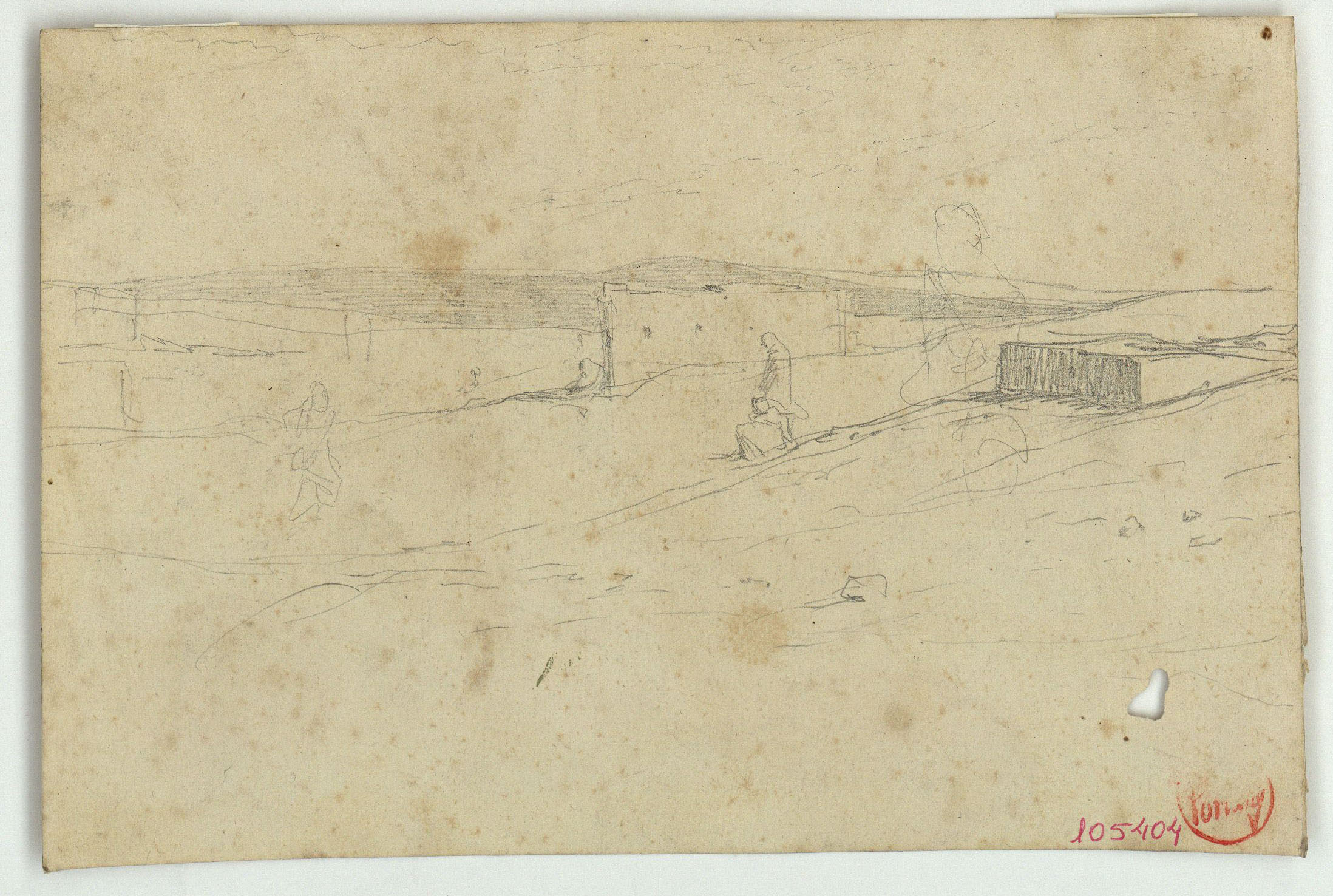 image for: Marià Fortuny - Paisatge marroquí amb figures (anvers) / Mules (revers) - Cap a 1860-1862