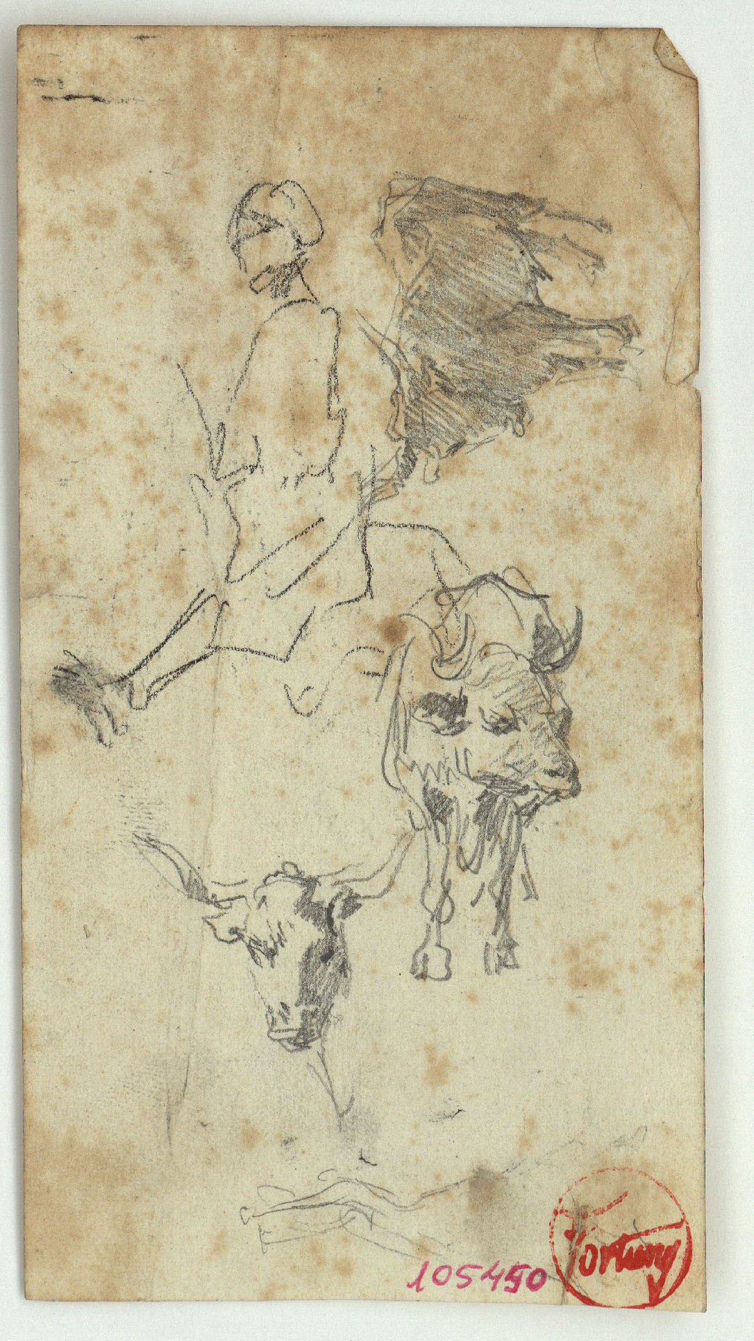 image for: Marià Fortuny - Figura i bous (anvers) / Croquis de figura i animals (revers) - Cap a 1860-1862