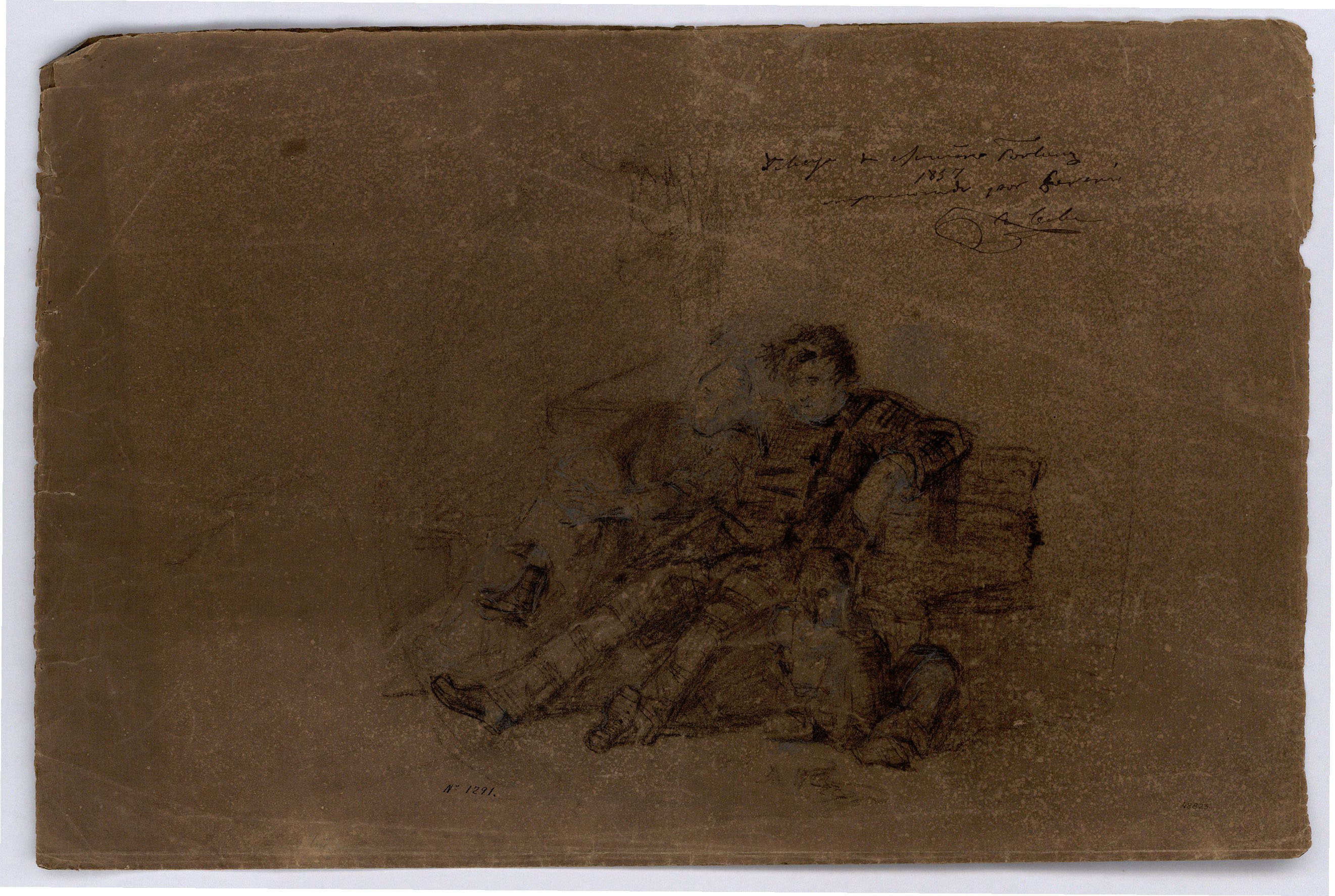image for: Marià Fortuny - Estudi acadèmic de nu masculí (anvers) / Figures assegudes en un banc (revers) - Cap a 1858-1860 [1]