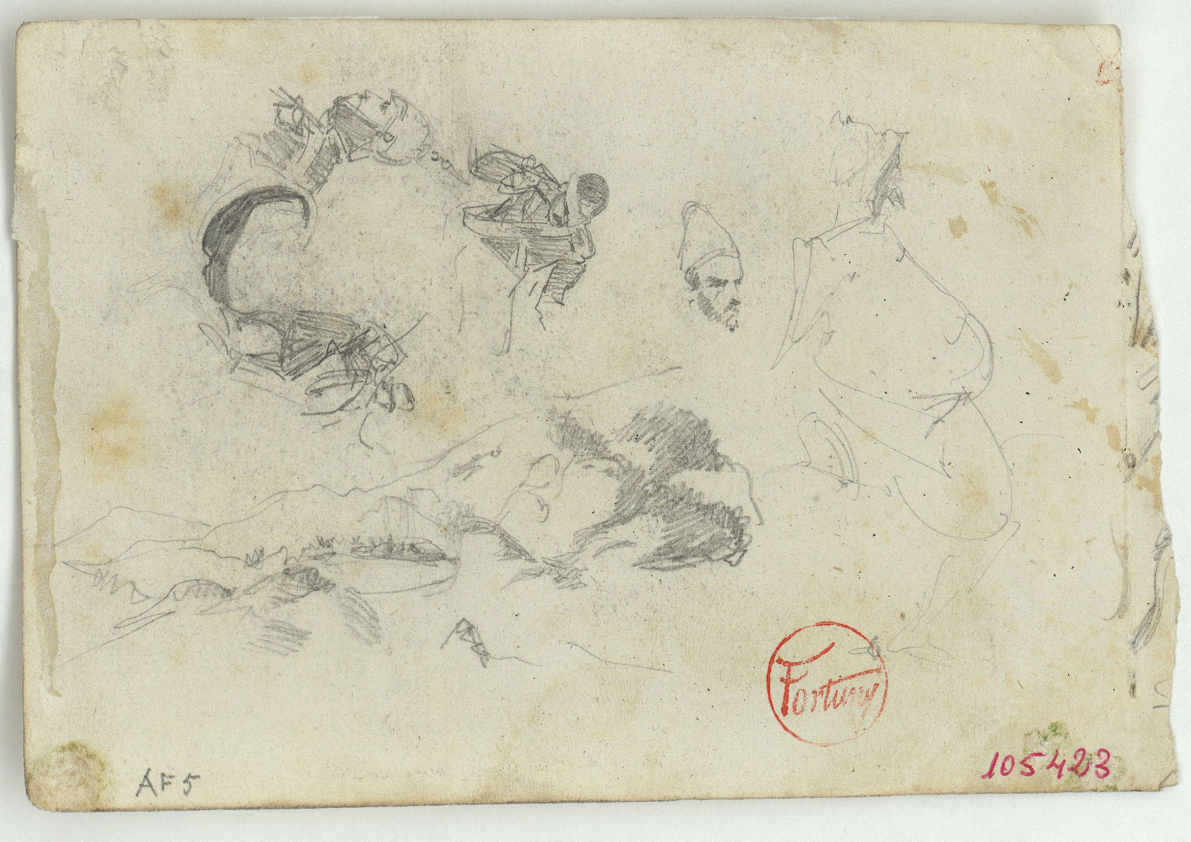 image for: Marià Fortuny - Esbós de paisatge i militars espanyols (anvers) / Escolta de los parlamentarios moros (revers) - Cap a 1860