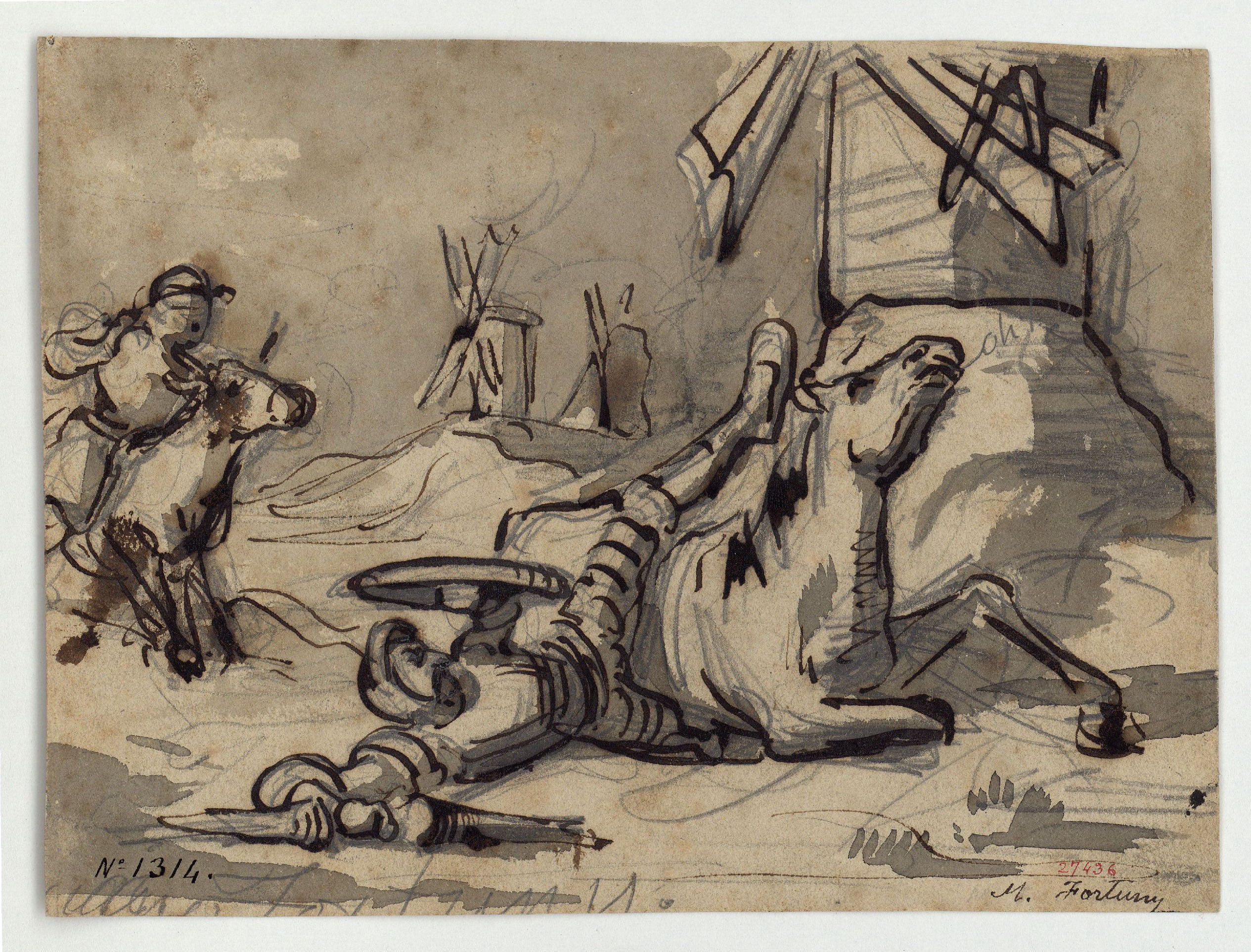 image for: Marià Fortuny - L&#039;aventura del Quixot amb els molins de vent (anvers) / Estudi de figures (revers) - Cap a 1855-1856