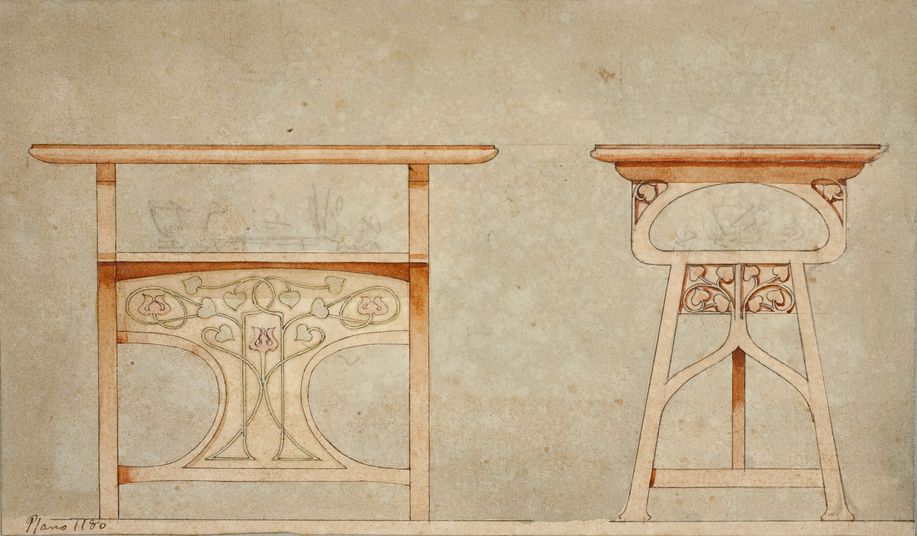 image for: Gaspar Homar - Taula amb marqueteria (vista frontal i de perfil) - Cap a 1905