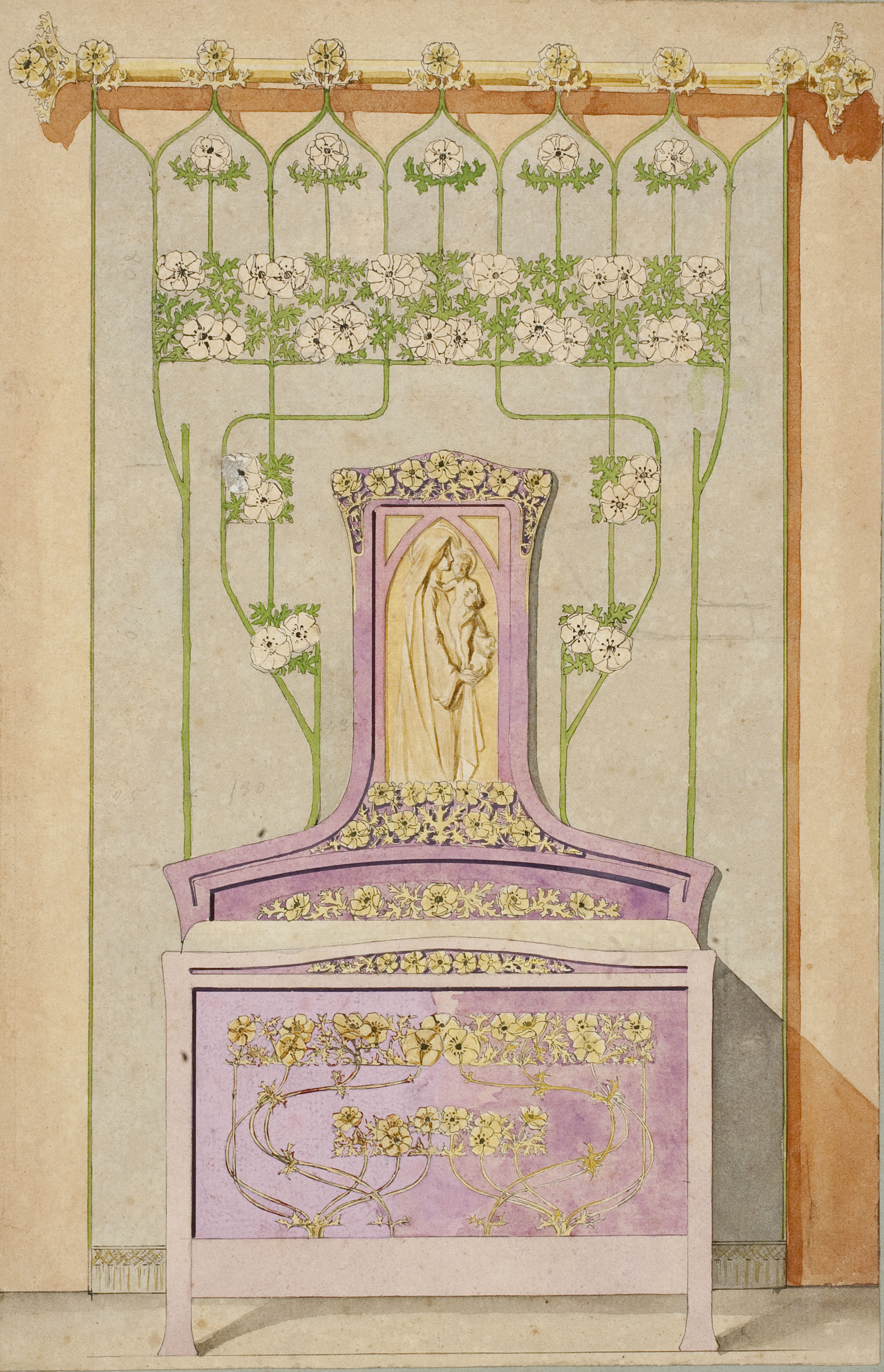 image for: Gaspar Homar - Llit amb plafó amb la Mare de Déu i el Nen - Cap a 1900-1910