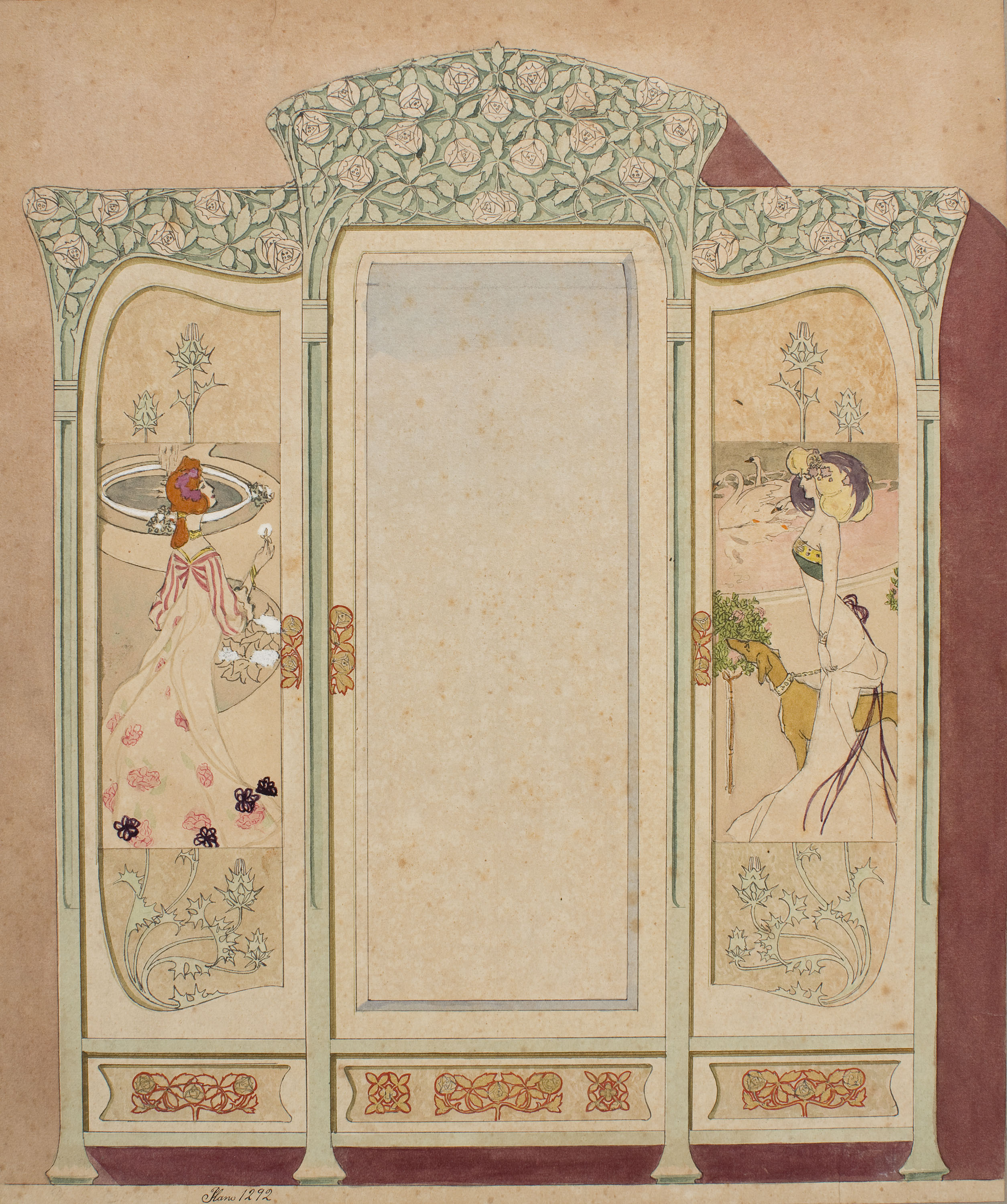 image for: Gaspar Homar - Armari amb plafons de marqueteria i mirall (anvers) / Apunt d&#039;armari (revers) - Cap a 1903