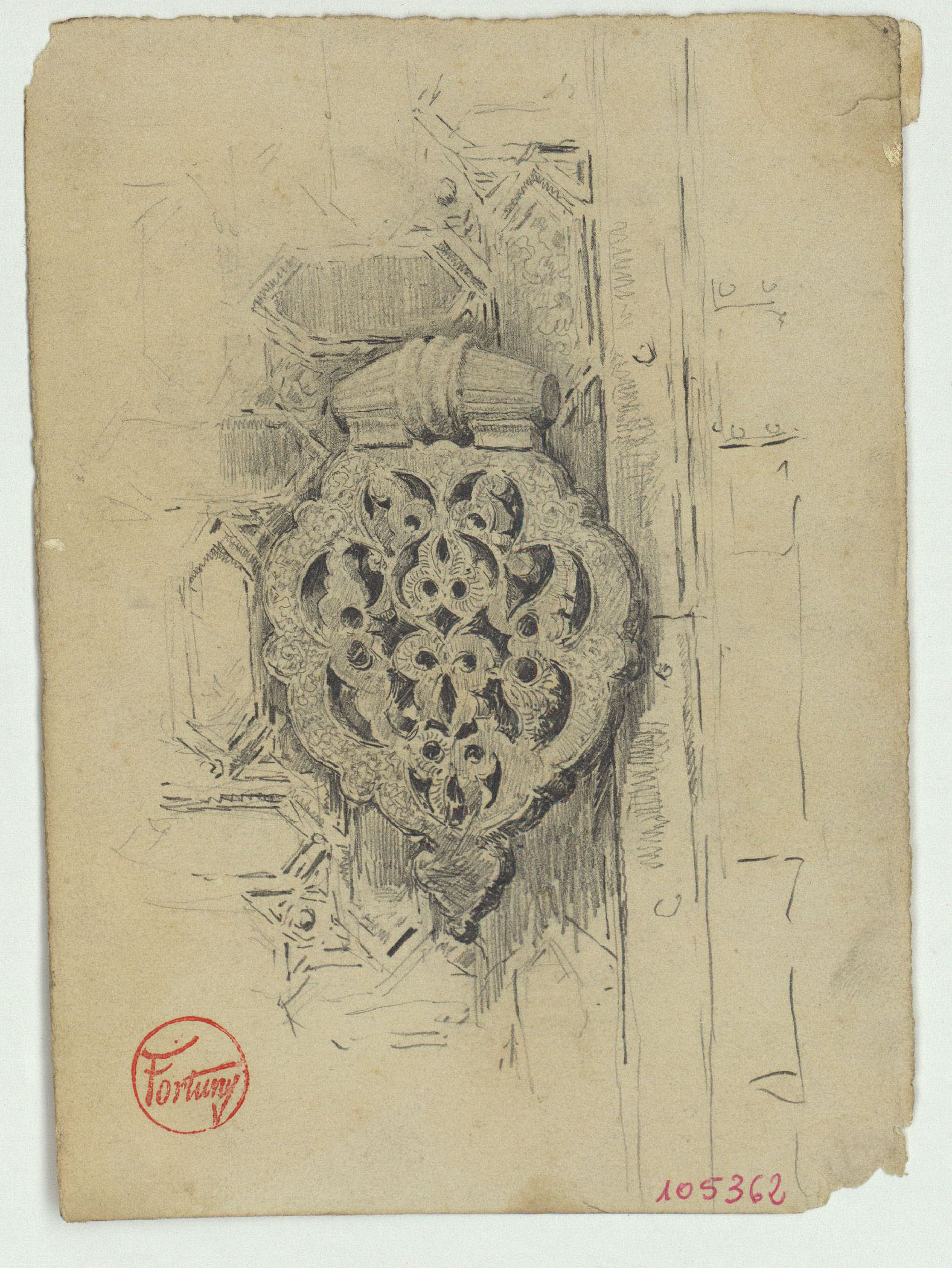 image for: Marià Fortuny - Pany de porta d&#039;estil musulmà (anvers) / Casc i empunyadures d&#039;espasa d&#039;estil musulmà (revers) - Cap a 1870-1872