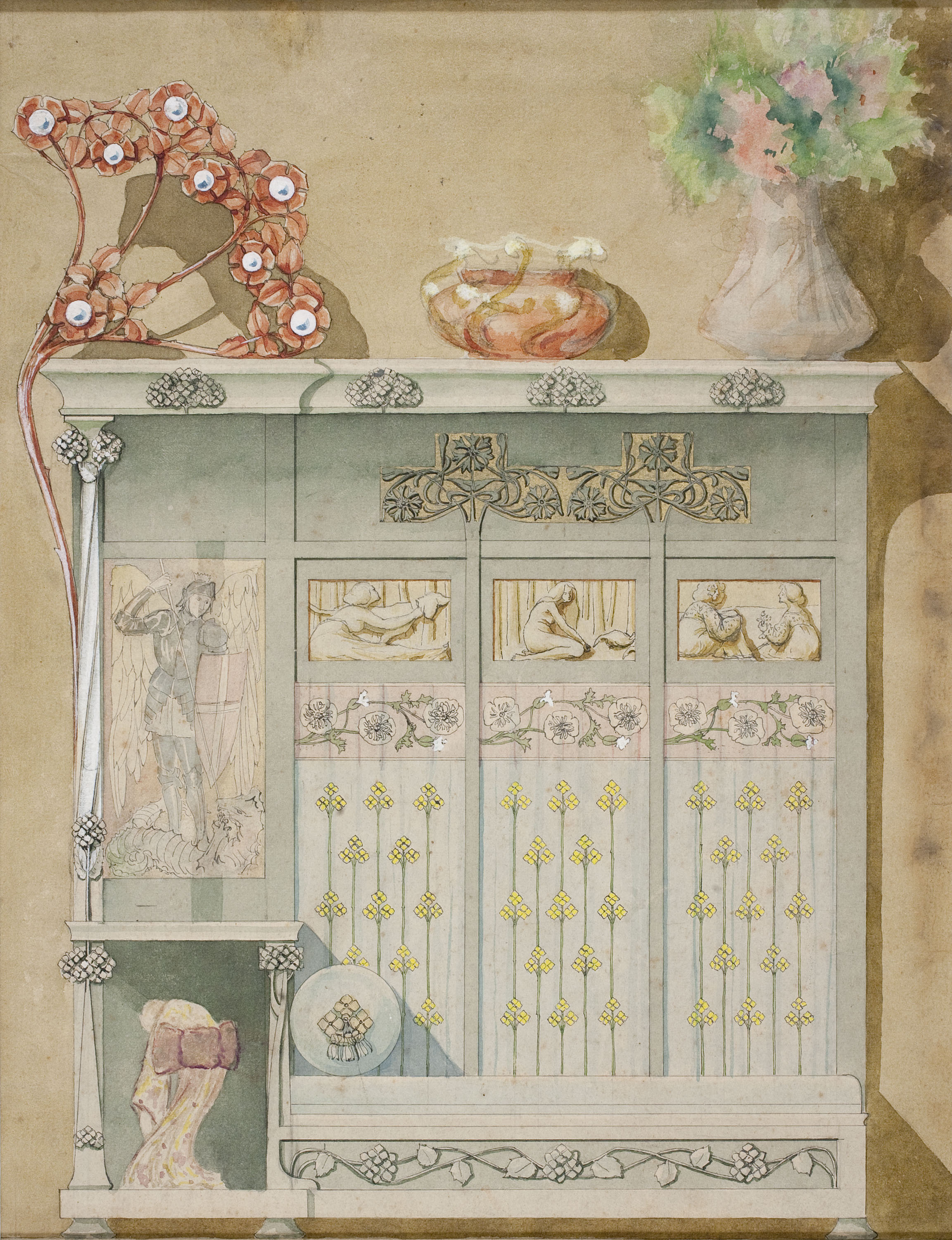 image for: Gaspar Homar - Escó amb plafó de marqueteria amb sant Miquel arcàngel portant l&#039;escut de sant Jordi - Cap a 1900