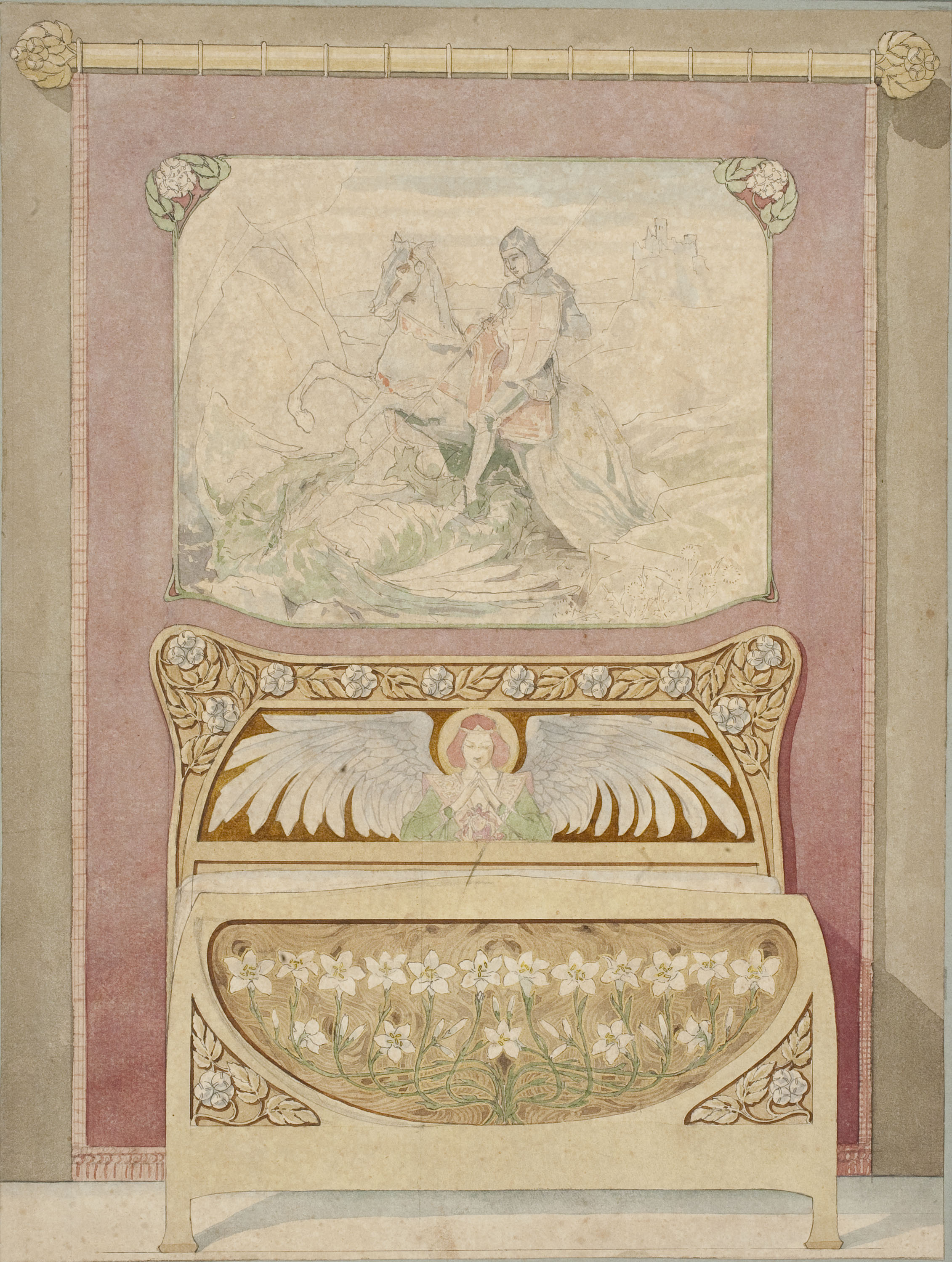 image for: Gaspar Homar - Llit i tapís amb sant Jordi amb el drac - Cap a 1900-1905