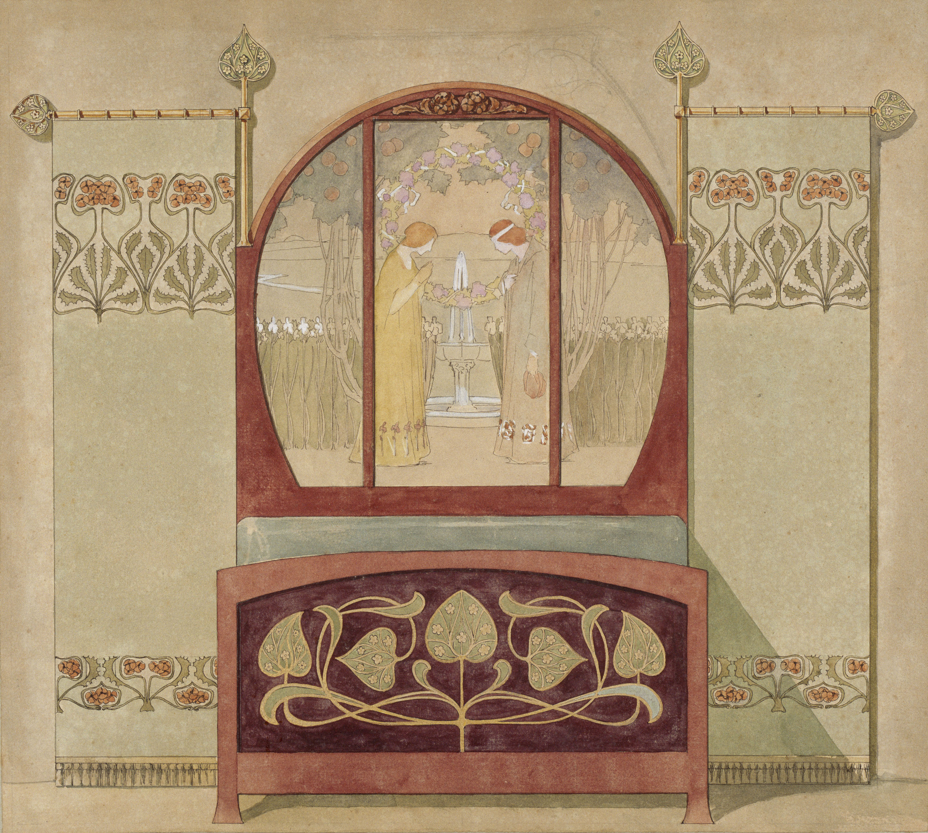 image for: Gaspar Homar - Llit amb plafó de marqueteria - Cap a 1900