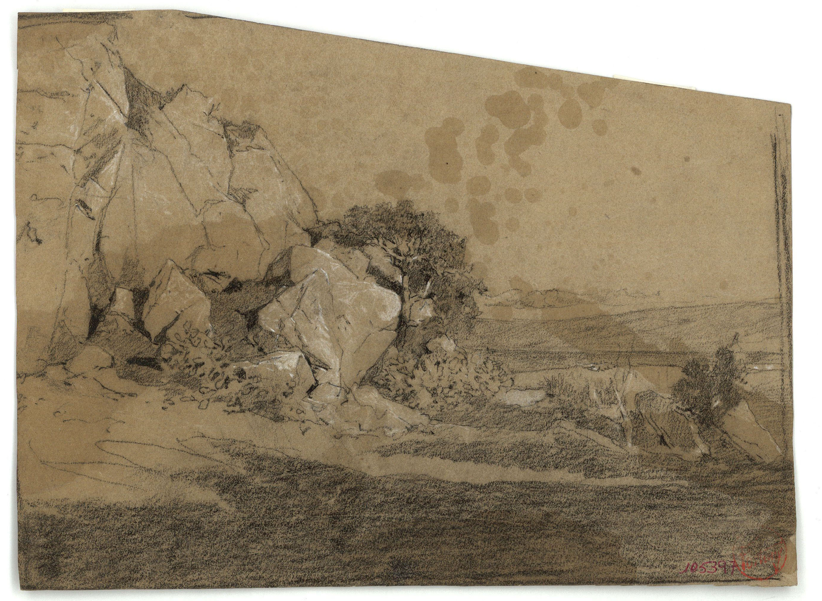 image for: Marià Fortuny - Paisatge rocós (anvers) / Músics marroquins (revers) - Cap a 1860-1862