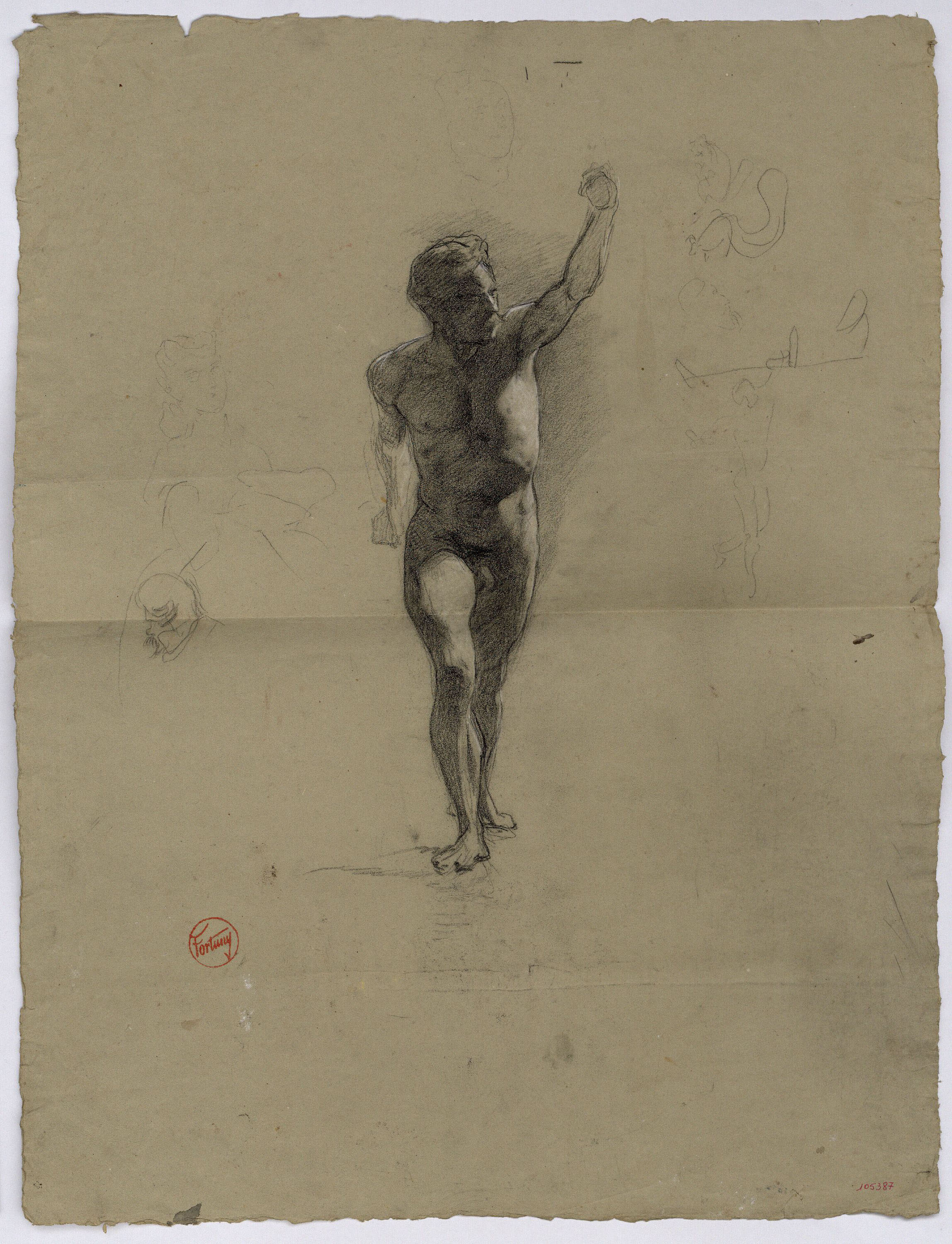 image for: Marià Fortuny - Estudi de nu masculí (anvers) / Fragment d&#039;un lleó i imatges sobreposades (revers) - Cap a 1860