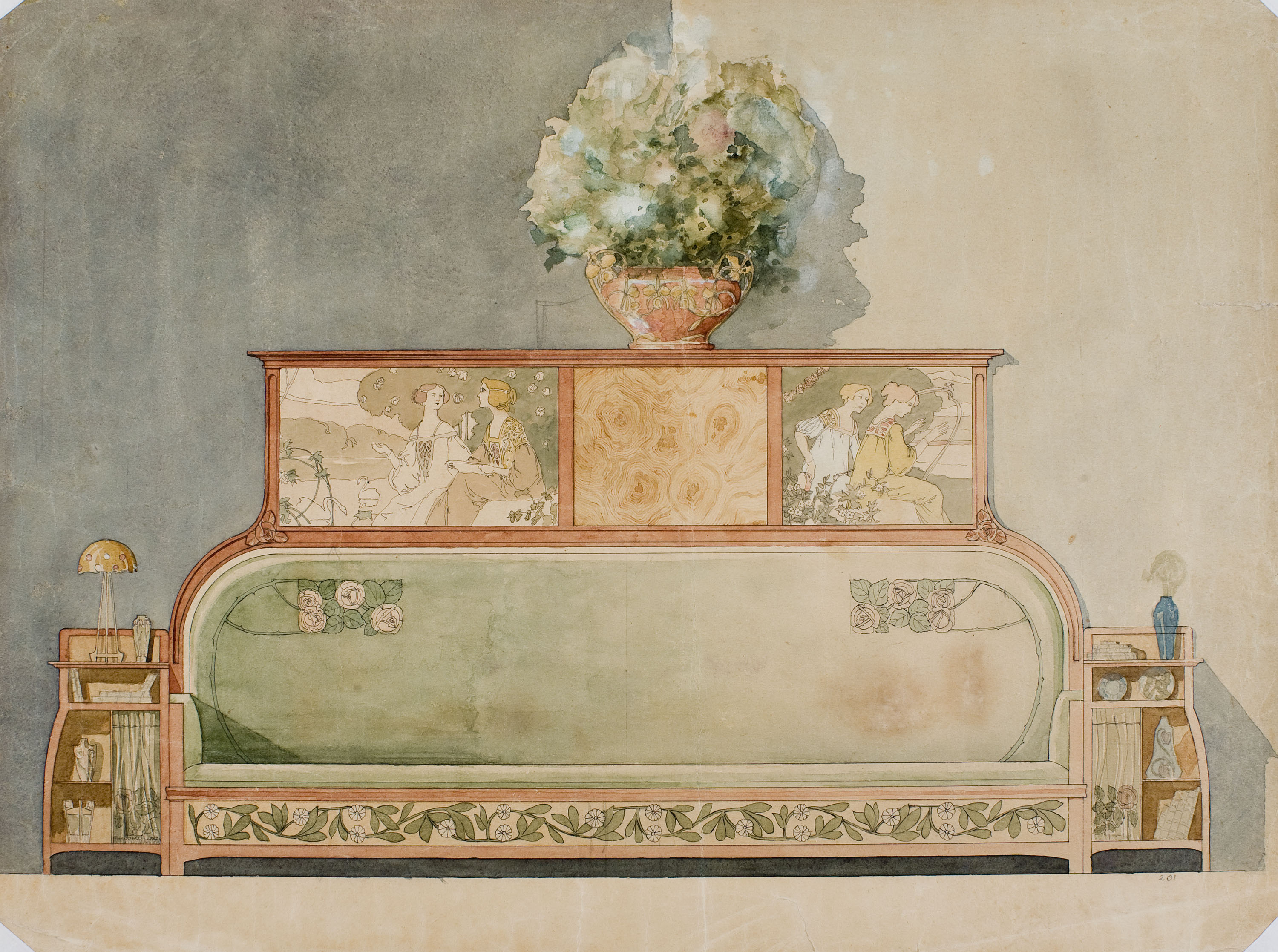 image for: Gaspar Homar - Sofà escó amb prestatges laterals i plafons superiors amb marqueteria - Cap a 1900-1910