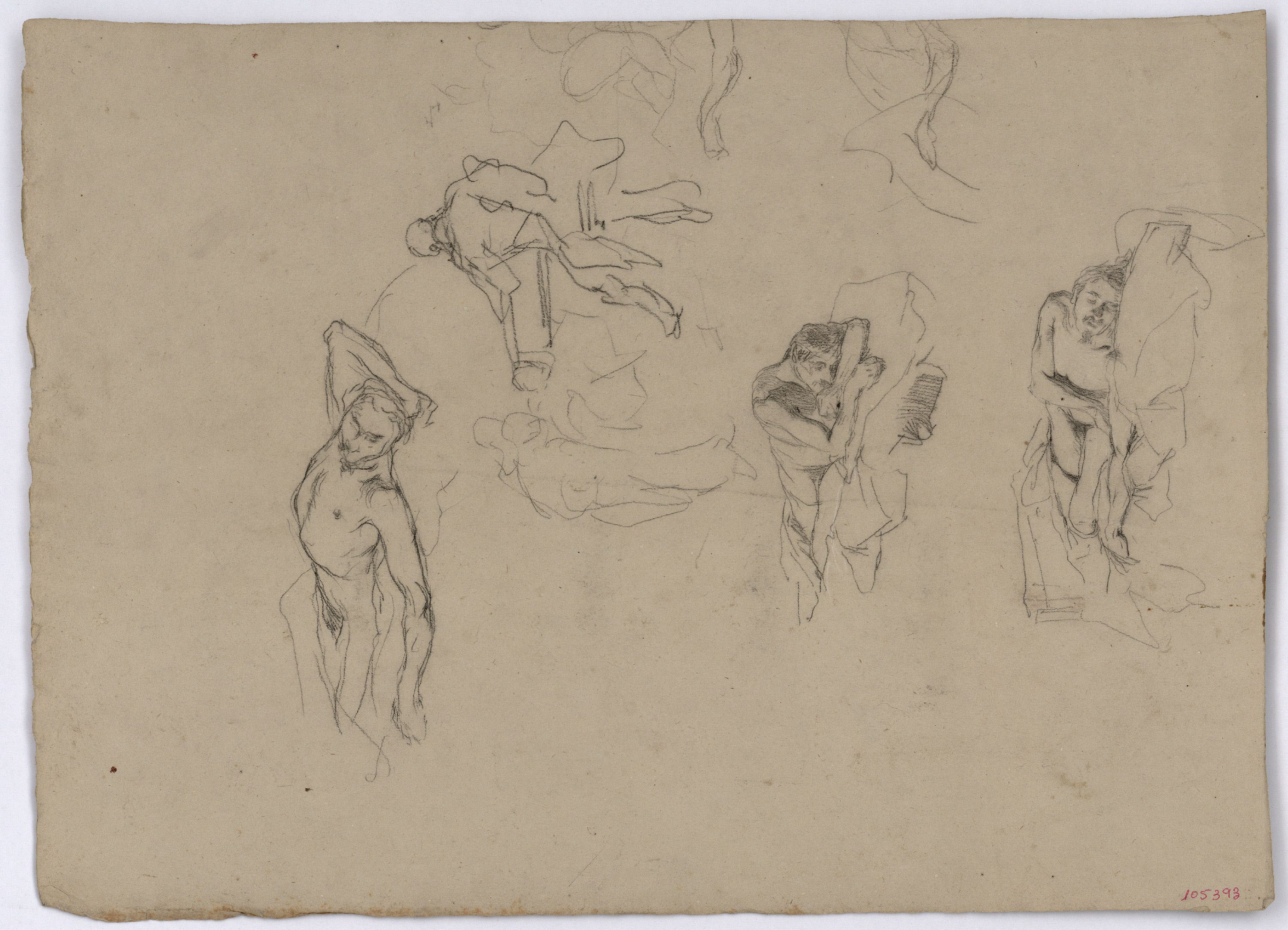 image for: Marià Fortuny - Estudi de nus masculins i figura amb indumentària del segle XVIII (anvers) / Figures masculines amb indumentària del segle XVIII (revers) - Cap a 1860-1861