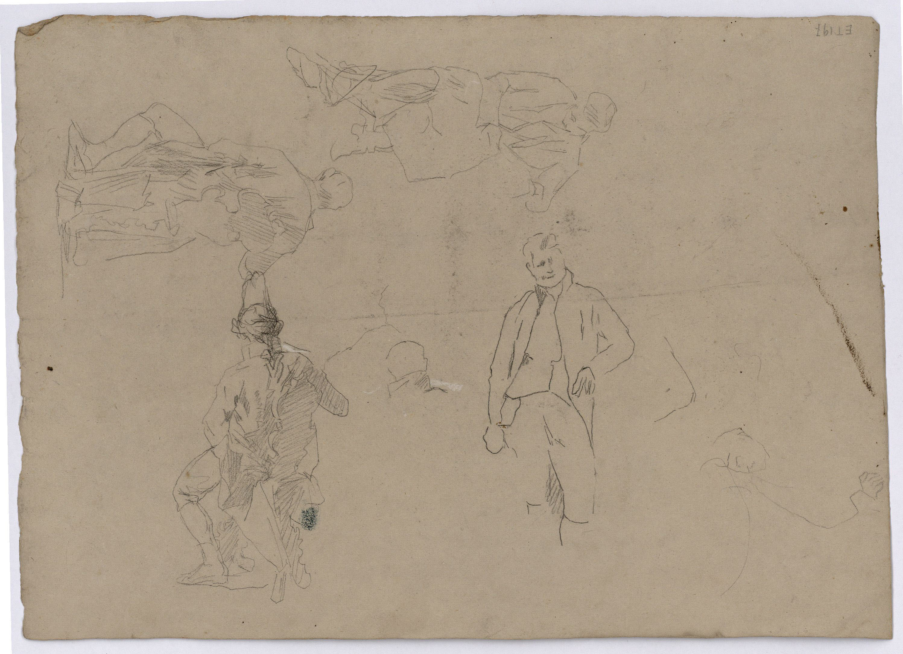 image for: Marià Fortuny - Estudi de nus masculins i figura amb indumentària del segle XVIII (anvers) / Figures masculines amb indumentària del segle XVIII (revers) - Cap a 1860-1861 [1]