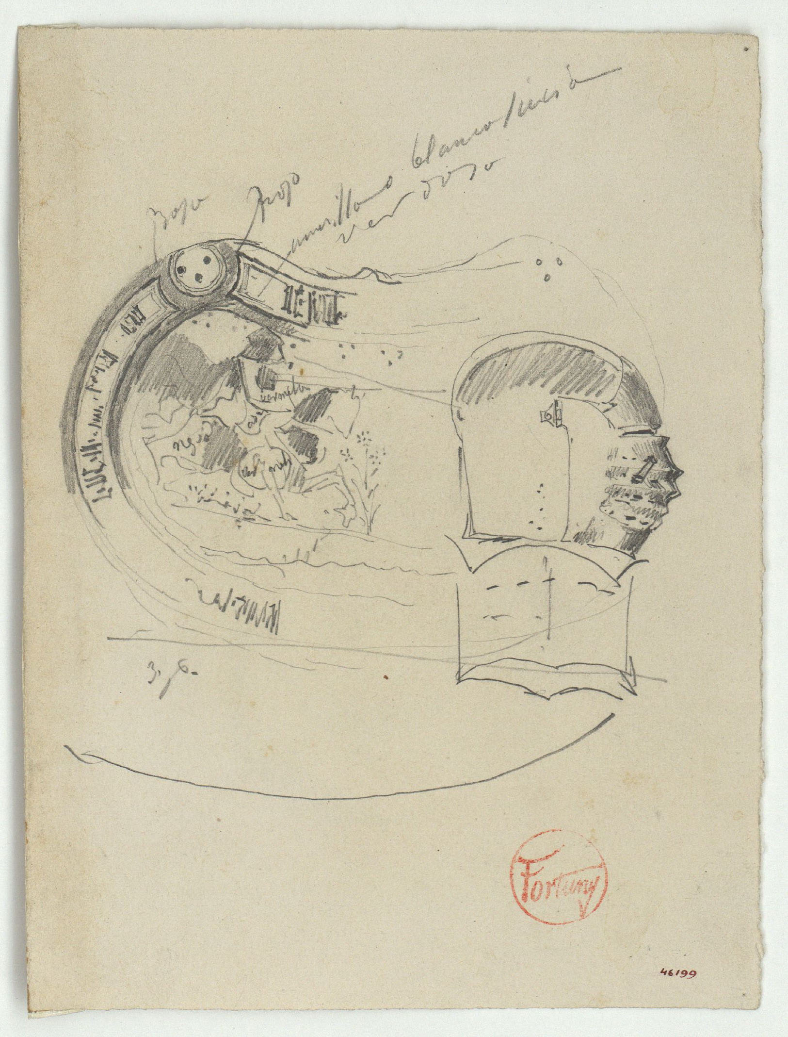 image for: Marià Fortuny - Armadura i casc (anvers) / Cascs (revers) - Cap a 1867-1872