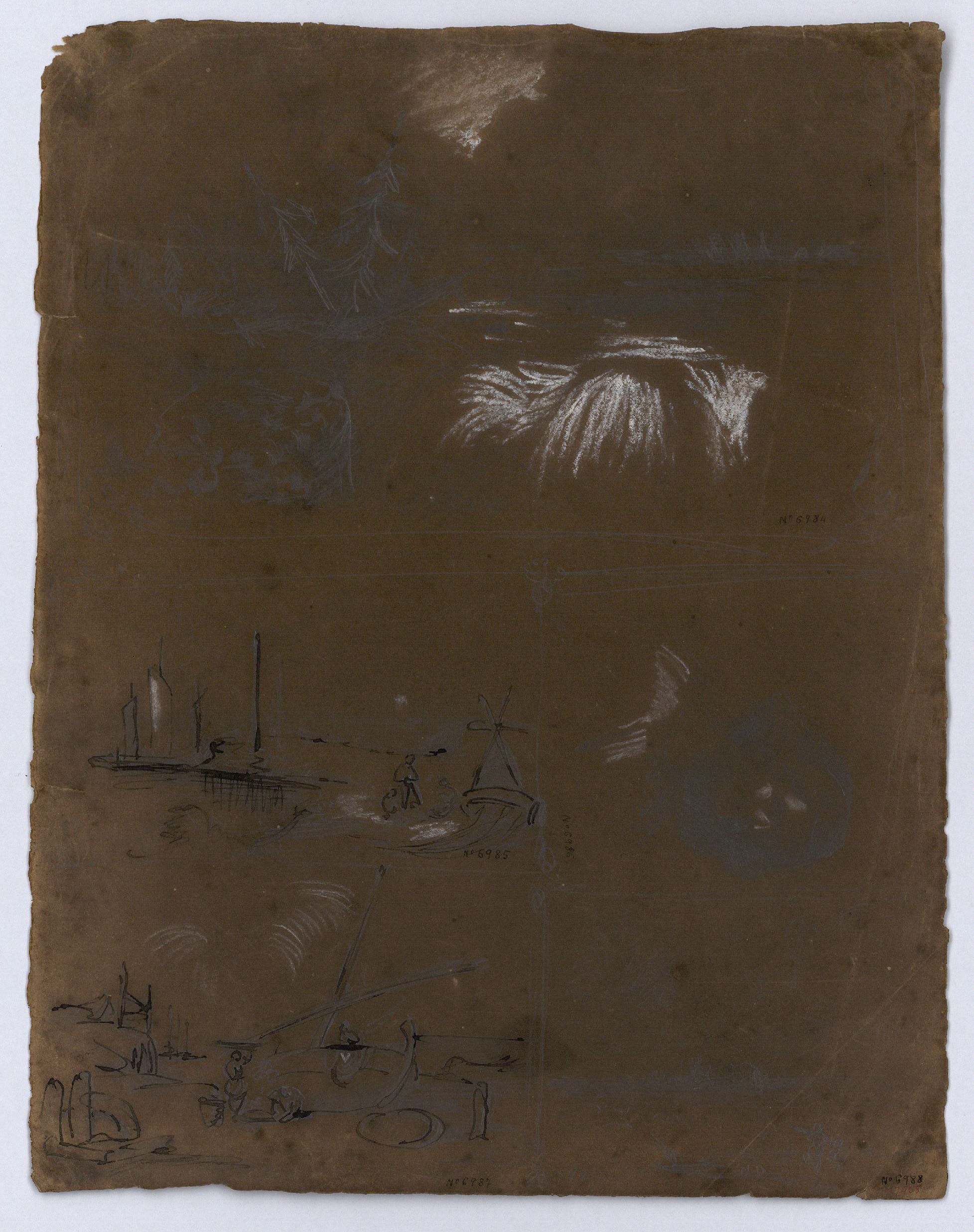 image for: Marià Fortuny - Esbós de marines i cap masculí (anvers) / Estudi de composició (revers) - Cap a 1856-1858