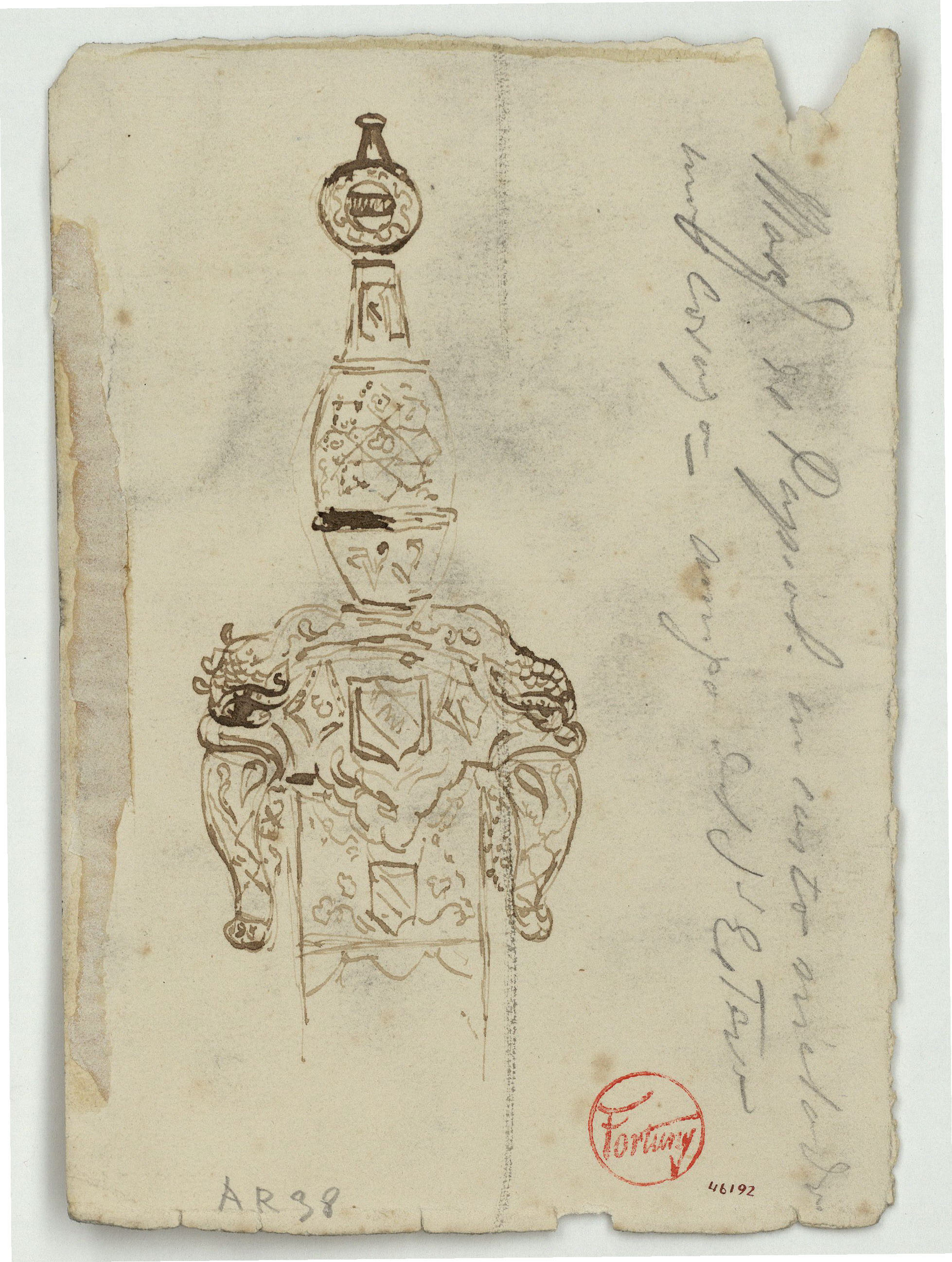 image for: Marià Fortuny - Pom d&#039;espasa d&#039;estil musulmà (anvers) / Croquis de composició amb figures (revers) - Cap a 1870-1872