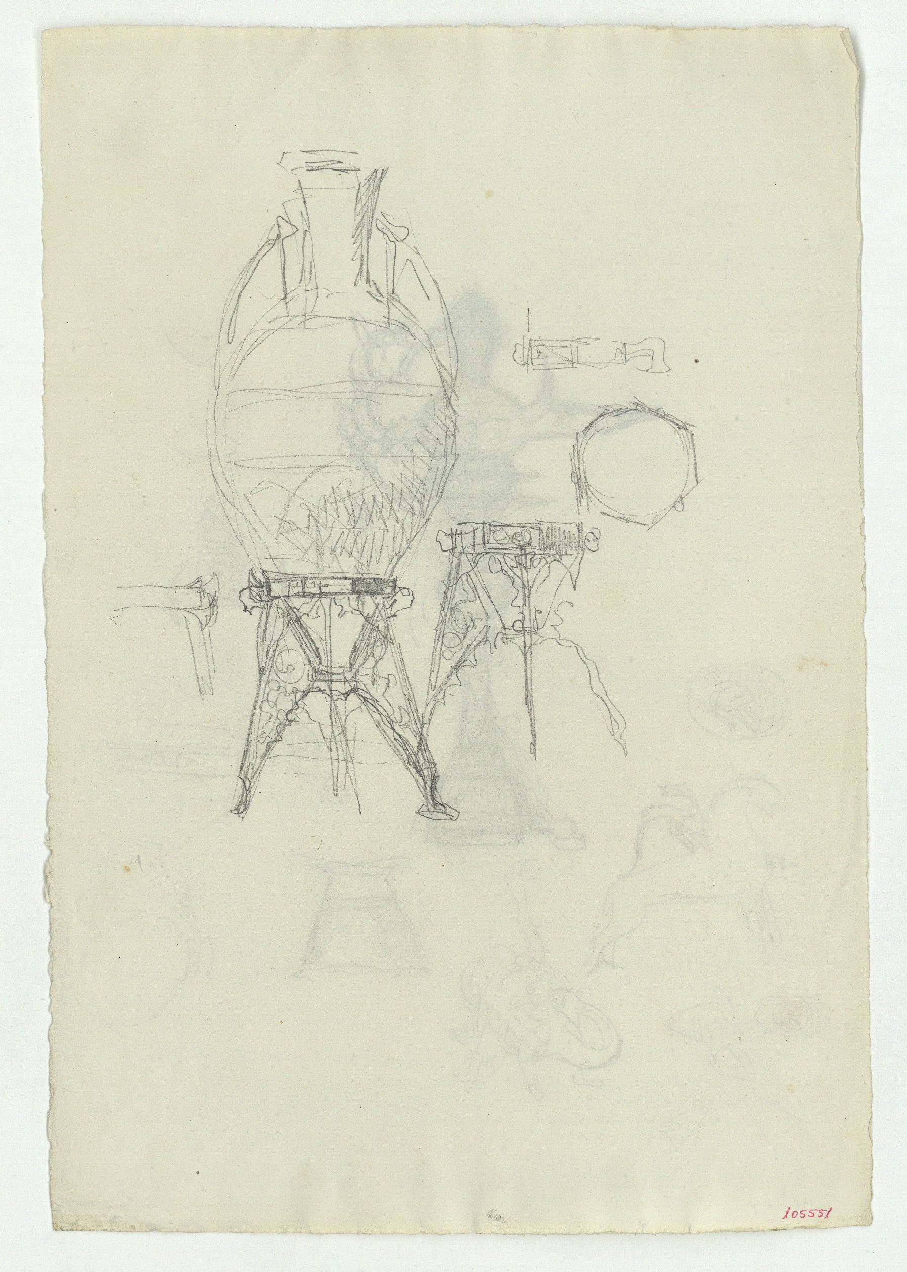 image for: Marià Fortuny - Vas d&#039;estil musulmà amb suport (anvers) / Llàntia, candeler i motius ornamentals d&#039;estil musulmà (revers) - Cap a 1870-1872