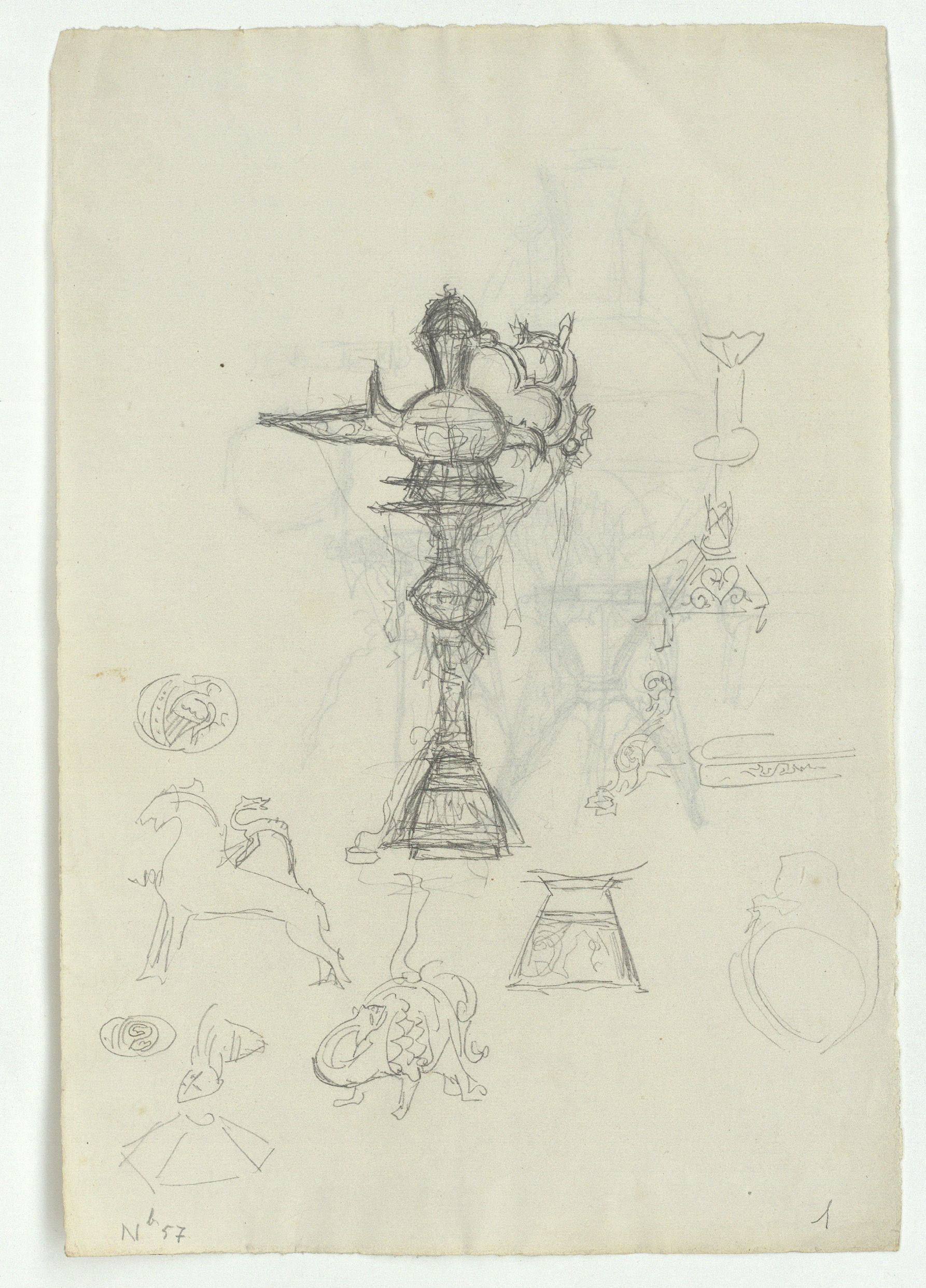 image for: Marià Fortuny - Vas d&#039;estil musulmà amb suport (anvers) / Llàntia, candeler i motius ornamentals d&#039;estil musulmà (revers) - Cap a 1870-1872 [1]