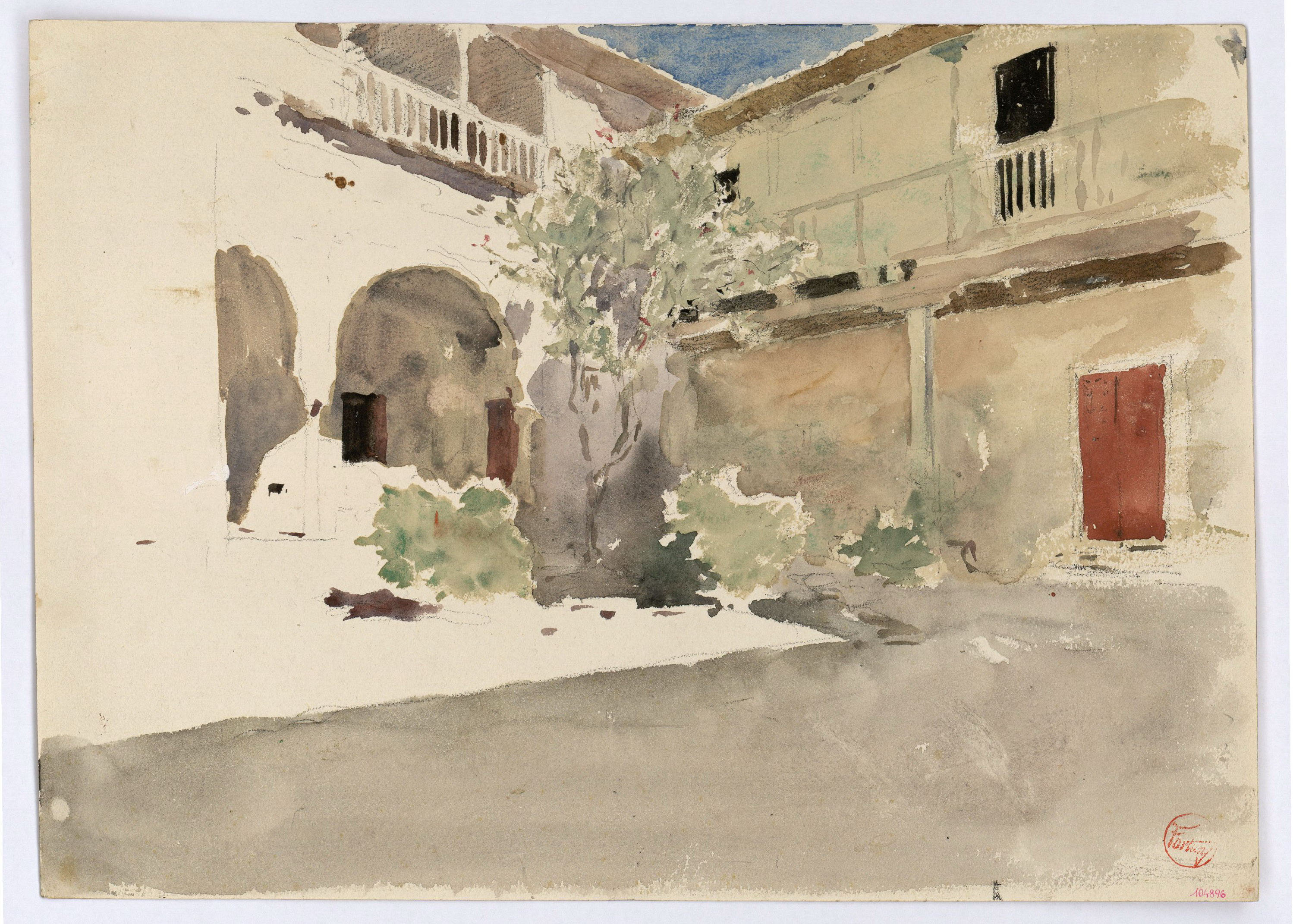 image for: Marià Fortuny - Pati de la casa de les monges a Granada (anvers) / Carrer amb figures (revers) - Cap a 1868-1872