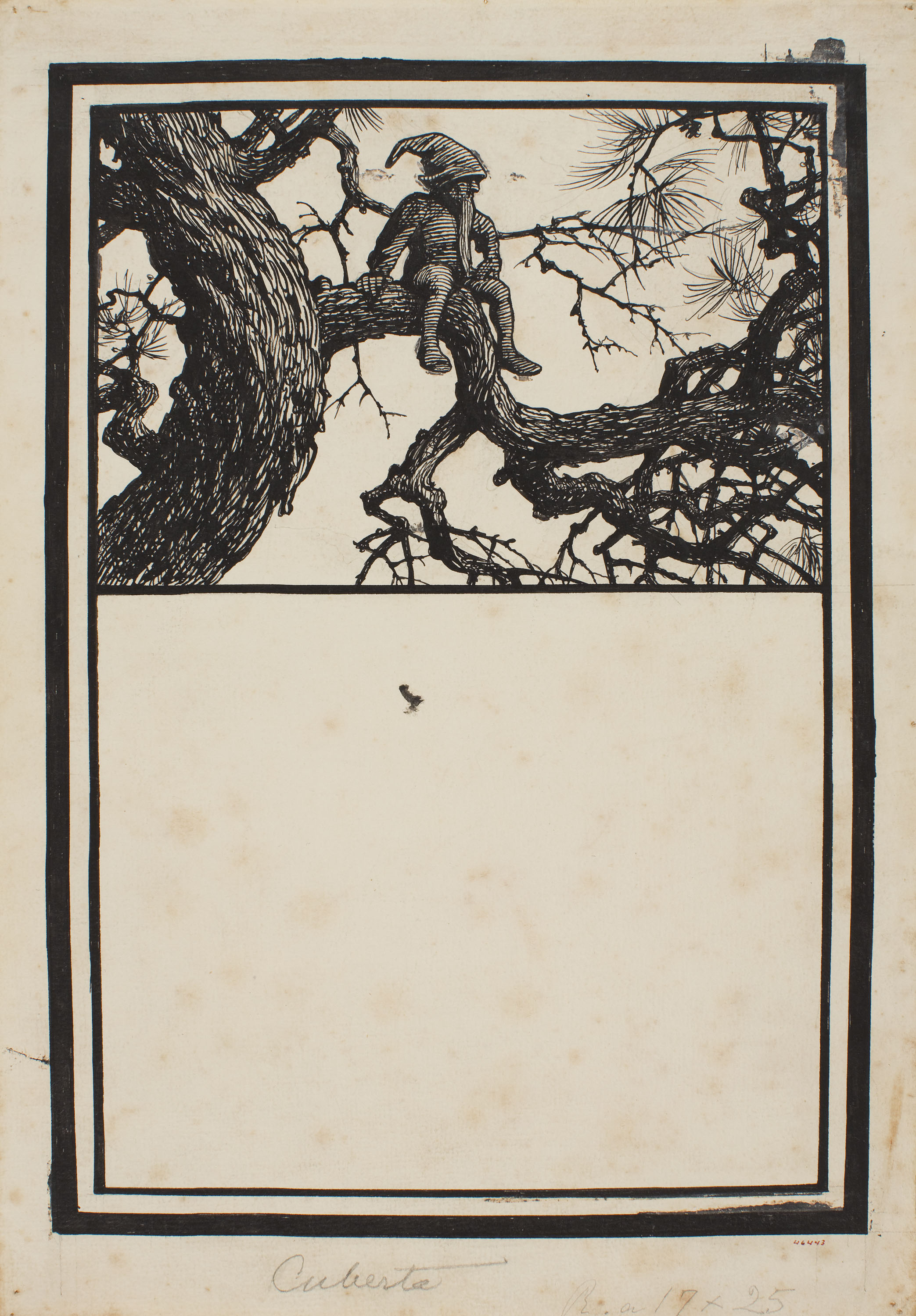 image for: Apel·les Mestres - Gnom assegut dalt la branca d&#039;un arbre. Portada per al poema «Liliana» d&#039;Apel·les Mestres - Cap a 1907