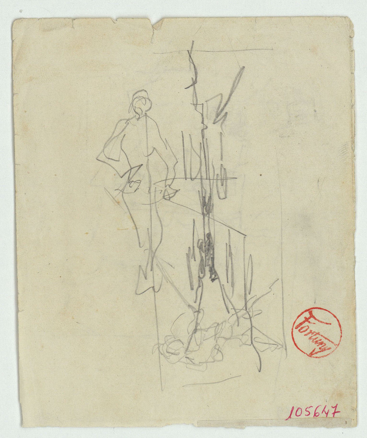 image for: Marià Fortuny - Croquis de figura (anvers) / Croquis d&#039;una llotja (revers) - Cap a 1863-1867