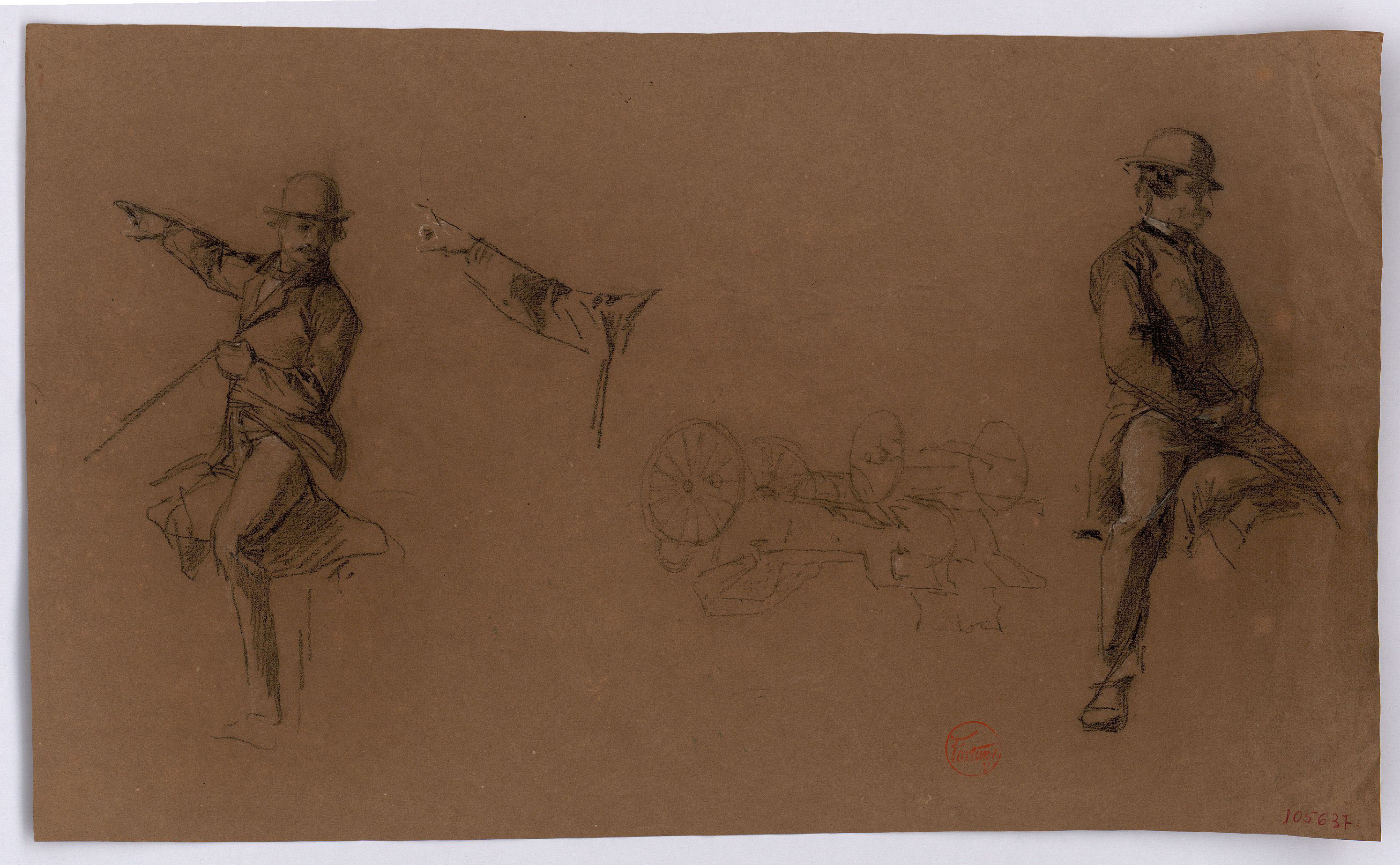 image for: Marià Fortuny - Estudi per al quadre «La reina Maria Cristina passant revista a les tropes» [?] (anvers) / Esbós de cotxe de cavalls (revers) - Cap a 1865-1866
