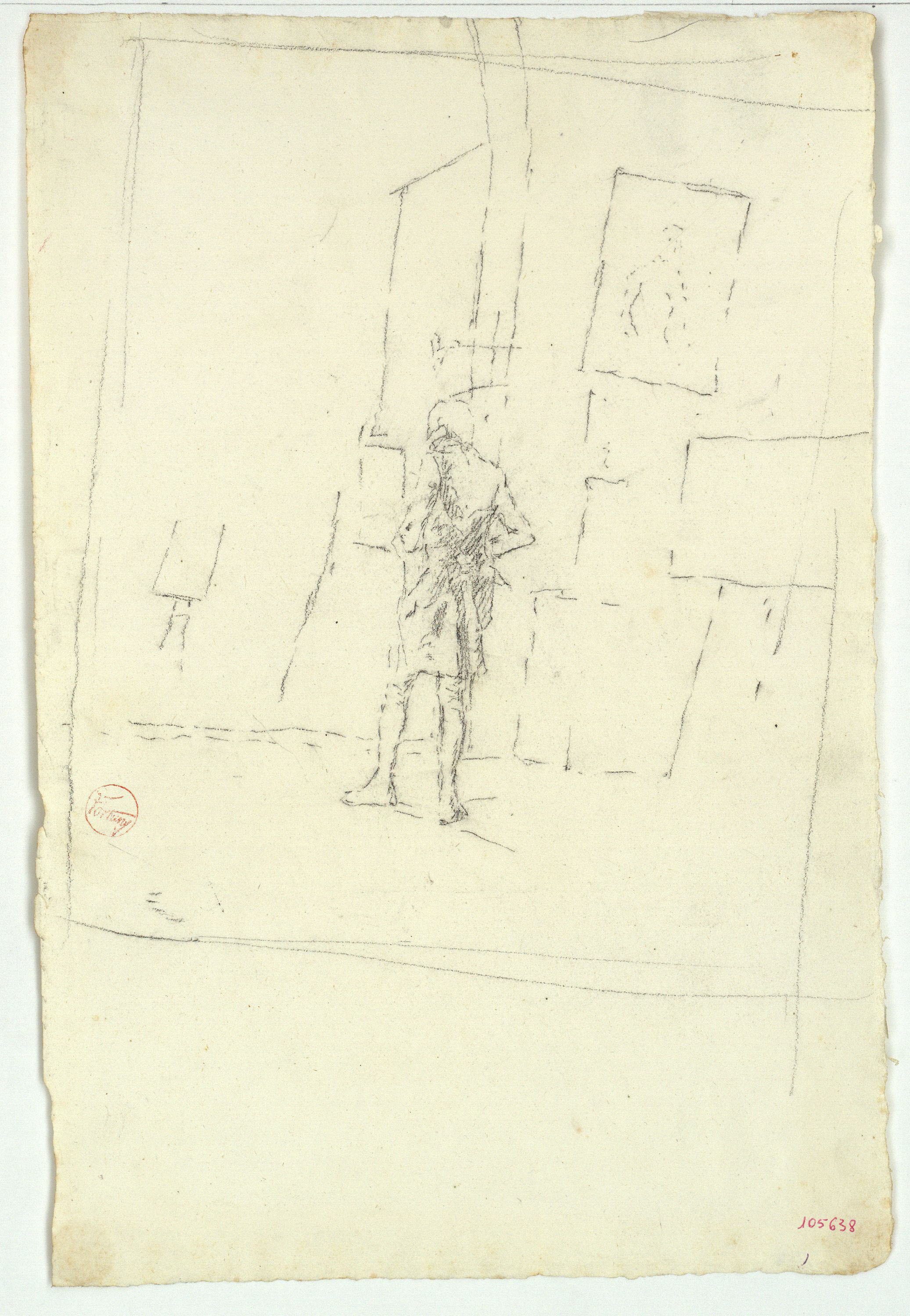 image for: Marià Fortuny - Home amb indumentària del segle XVIII, mirant quadres - Cap a 1863-1867