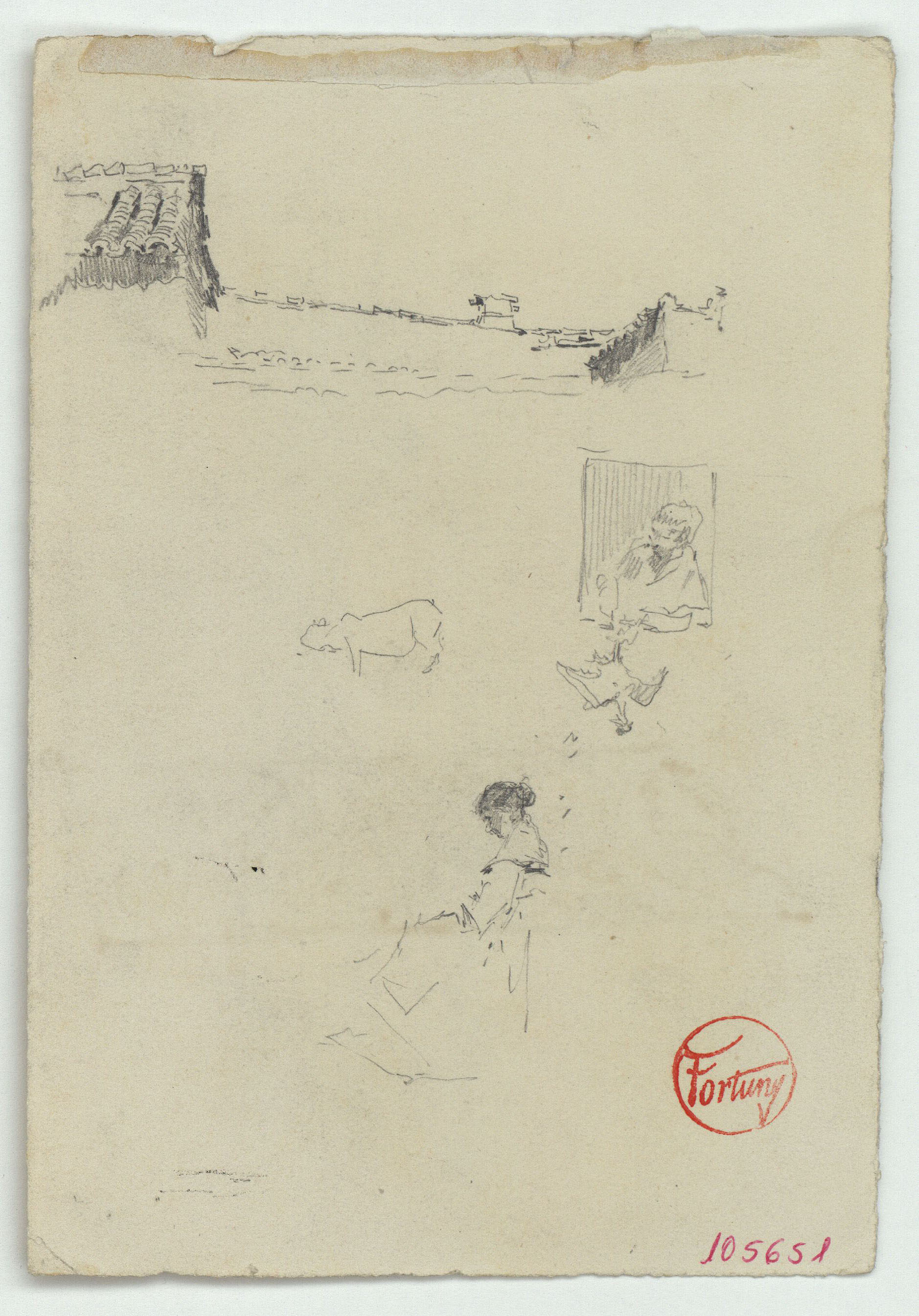 image for: Marià Fortuny - Tàpia i teulada d&#039;una casa, dona plomant una au, un altre animal i figura femenina asseguda (anvers) / Esbós de figures i sanefa amb motius florals (revers) - Cap a 1870-1872