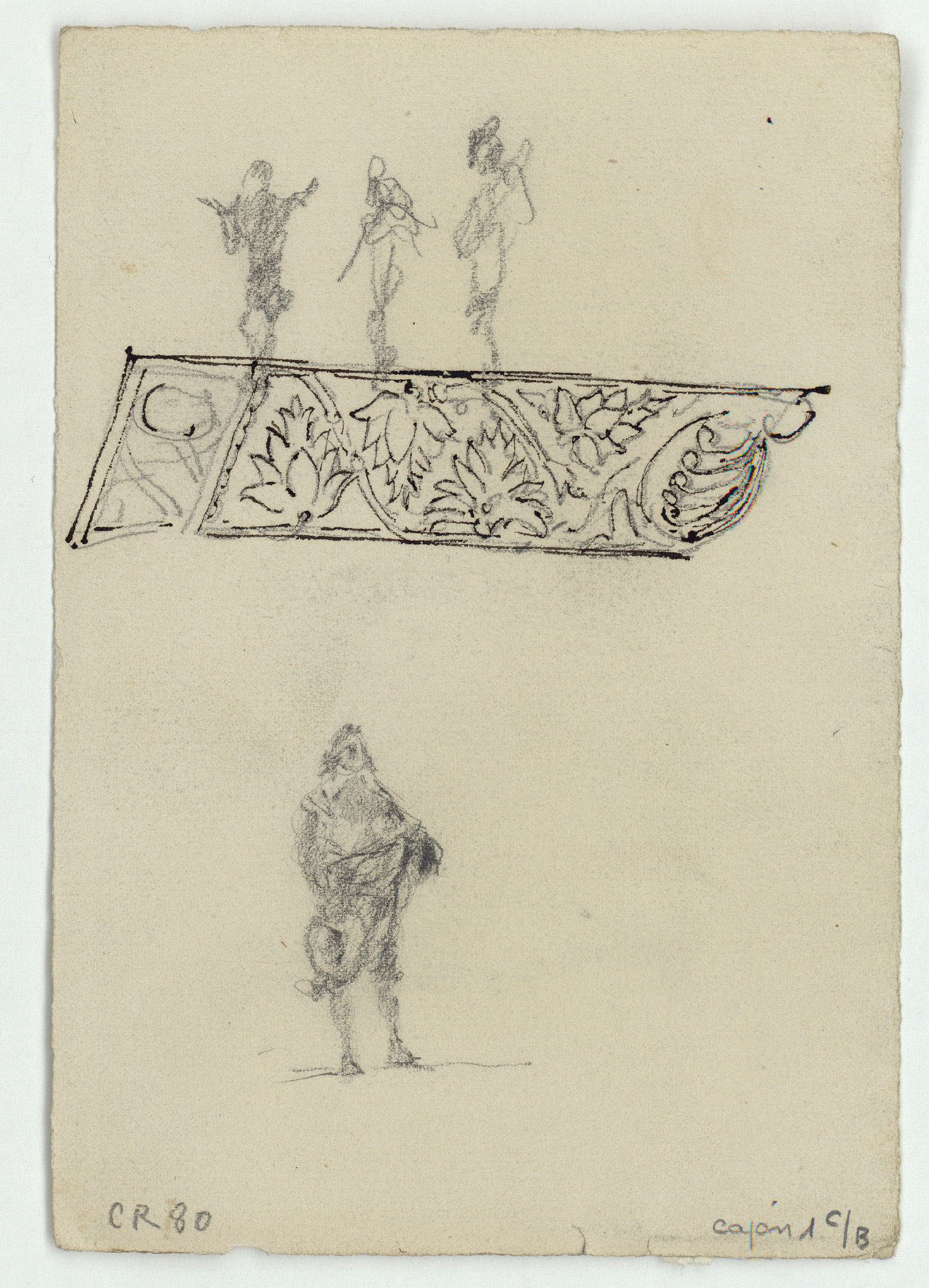 image for: Marià Fortuny - Tàpia i teulada d&#039;una casa, dona plomant una au, un altre animal i figura femenina asseguda (anvers) / Esbós de figures i sanefa amb motius florals (revers) - Cap a 1870-1872 [1]