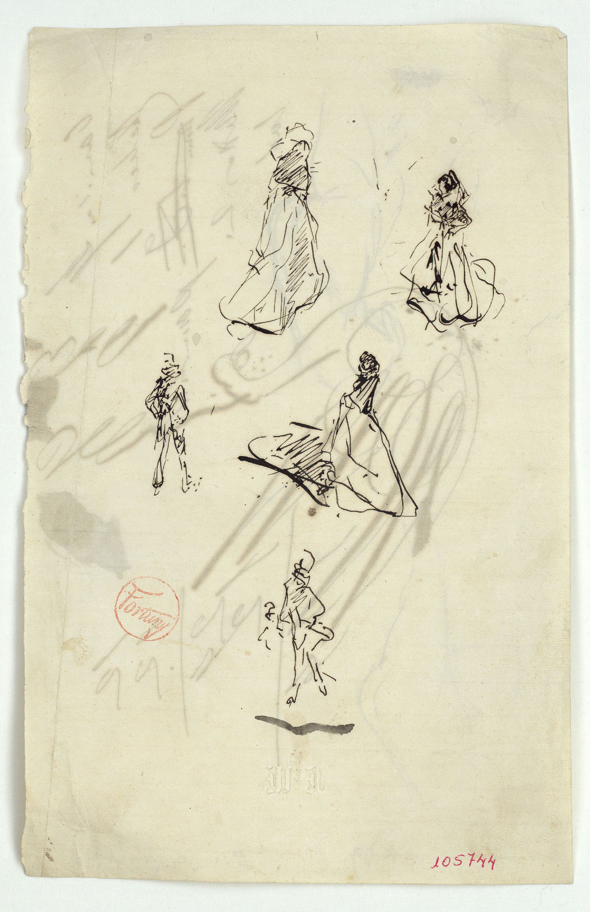 image for: Marià Fortuny - Figures femenines i masculines (anvers) / Estudi per a l&#039;aquarel·la «Mascarada» (revers) - Cap a 1868-1870