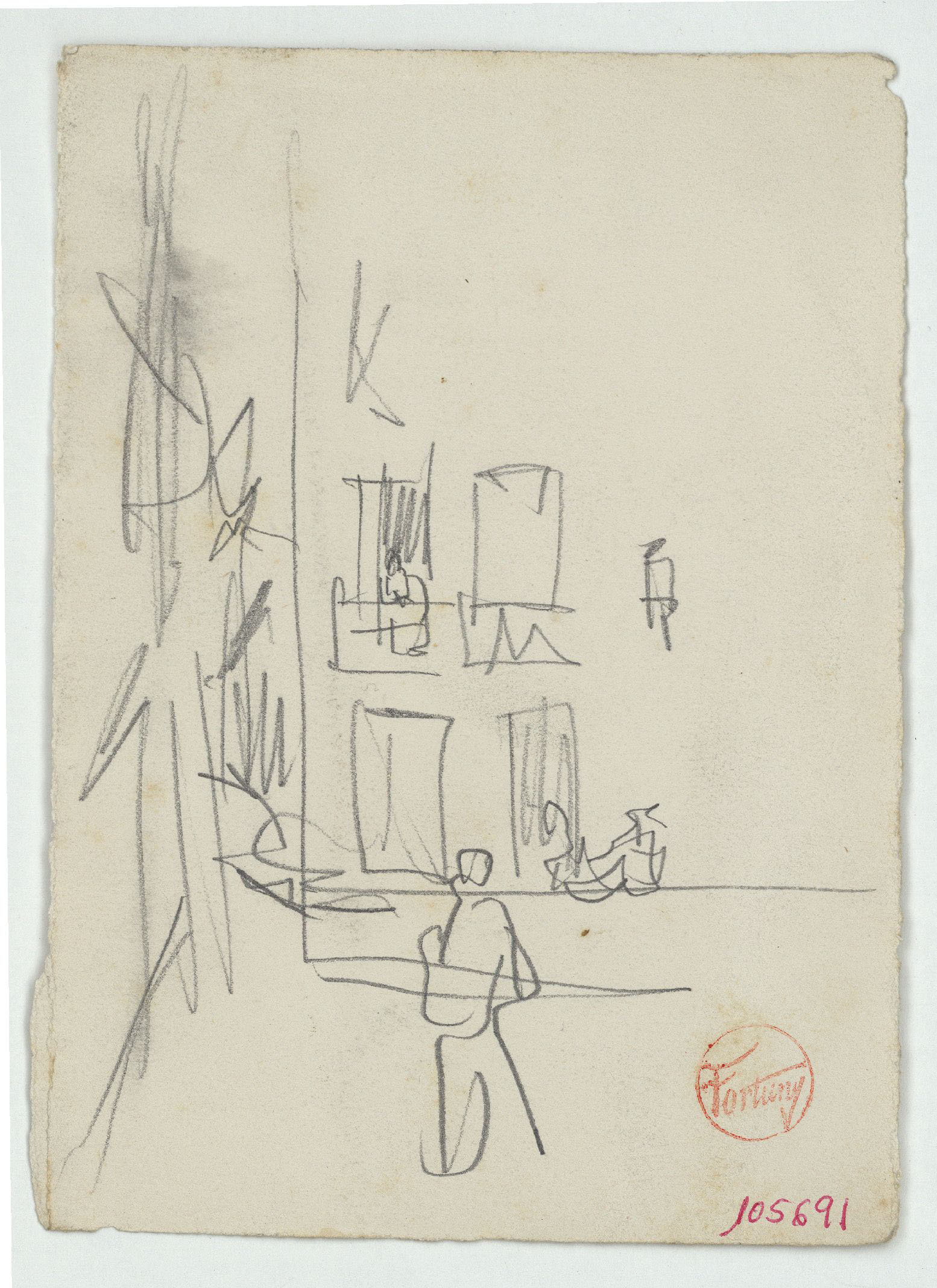 image for: Marià Fortuny - Croquis d&#039;una casa i figures - Cap a 1870-1872