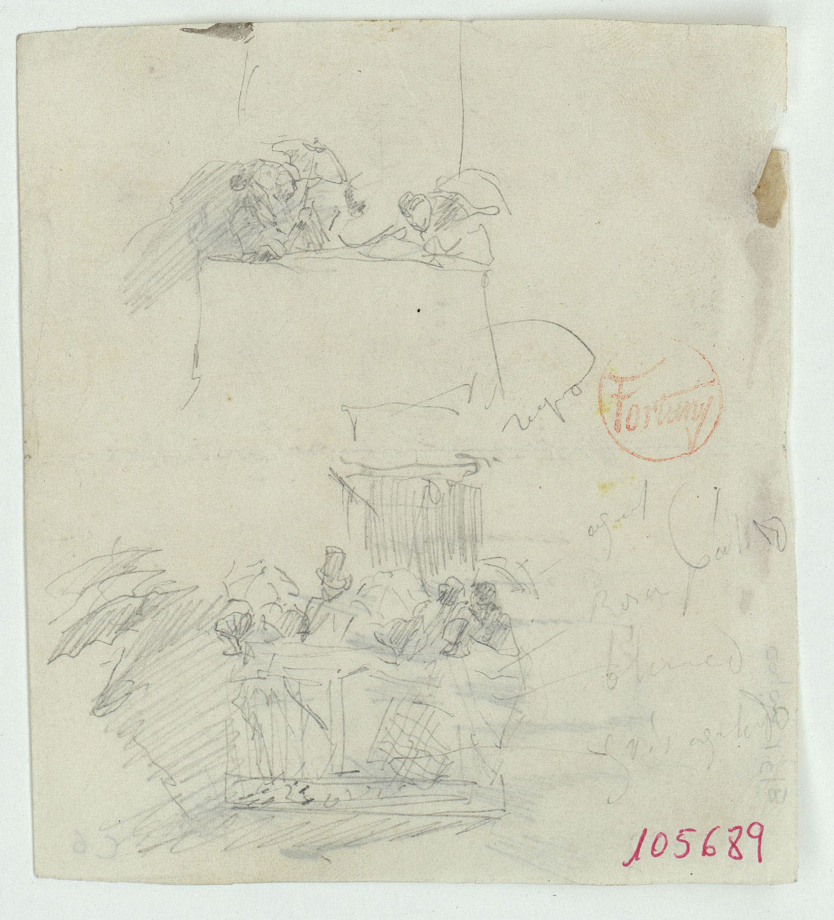 image for: Marià Fortuny - Figures en llotges (anvers) / Figura masculina (revers) - Cap a 1863-1867