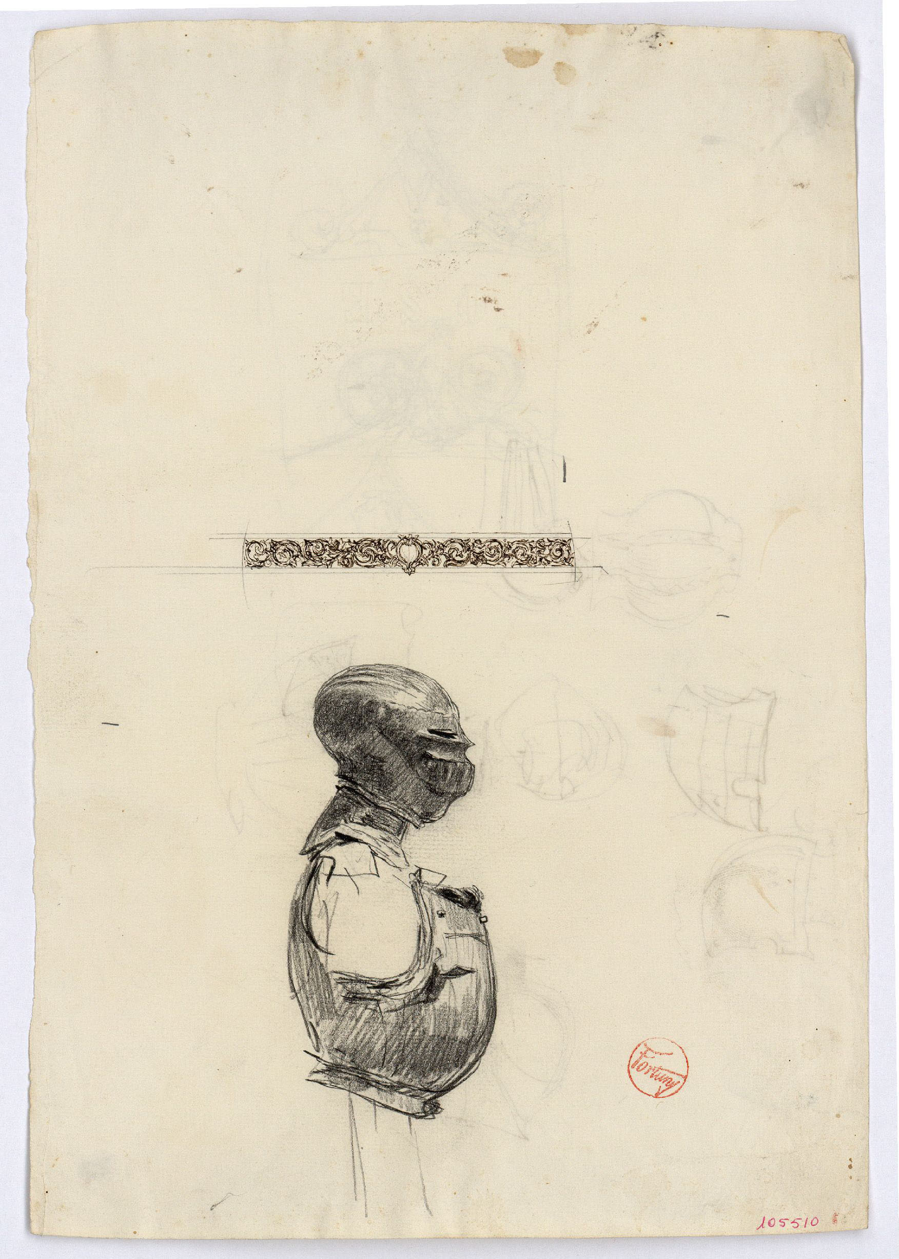 image for: Marià Fortuny - Armadura i sanefa decorativa (anvers) / Croquis de cascs, escuts i altres (revers) - Cap a 1867-1872