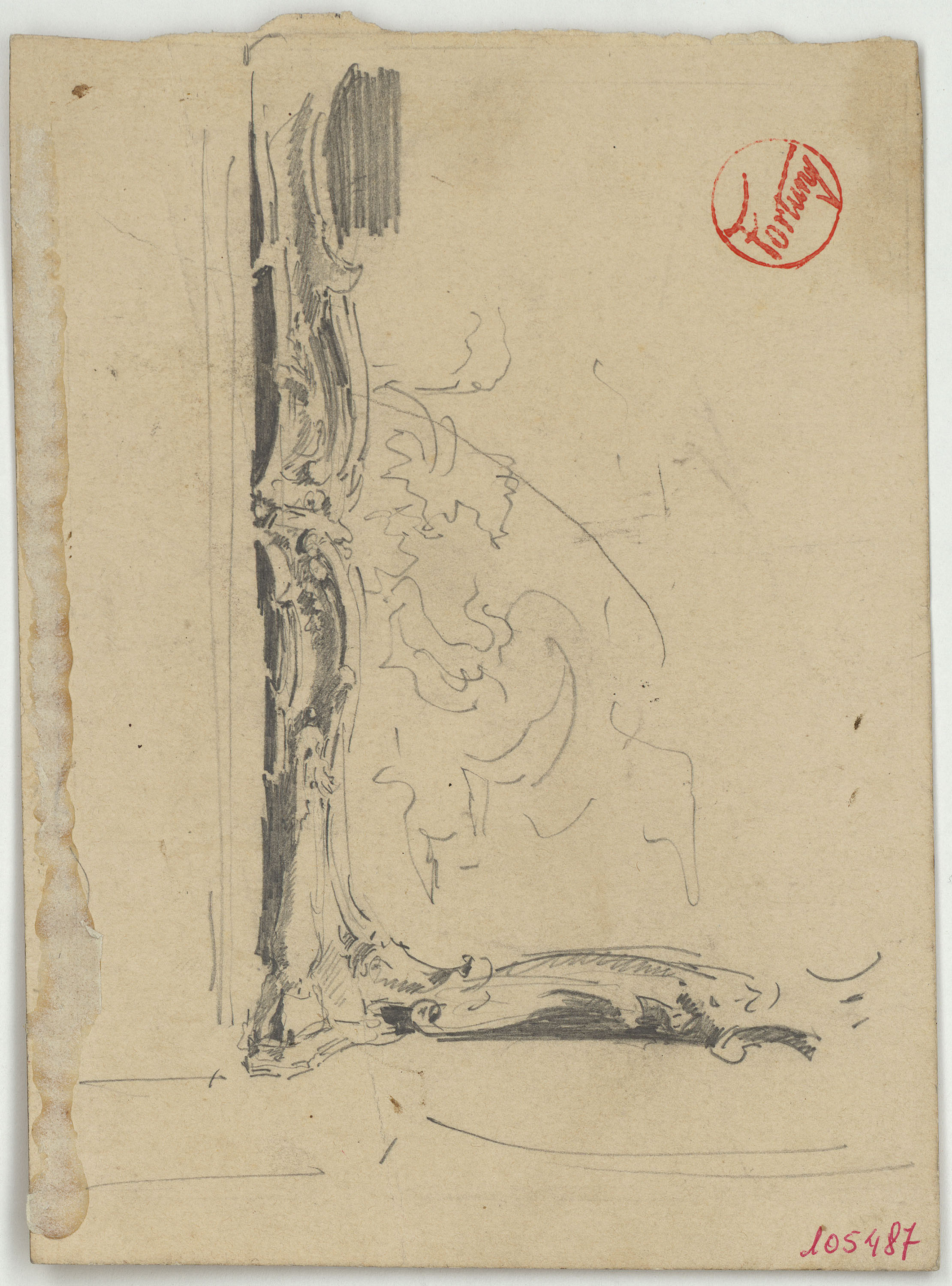 image for: Marià Fortuny - Detall de motiu ornamental d&#039;estil rococó (anvers) / Estudi per al quadre «El col·leccionista d&#039;estampes» (revers) - Cap a 1863-1867