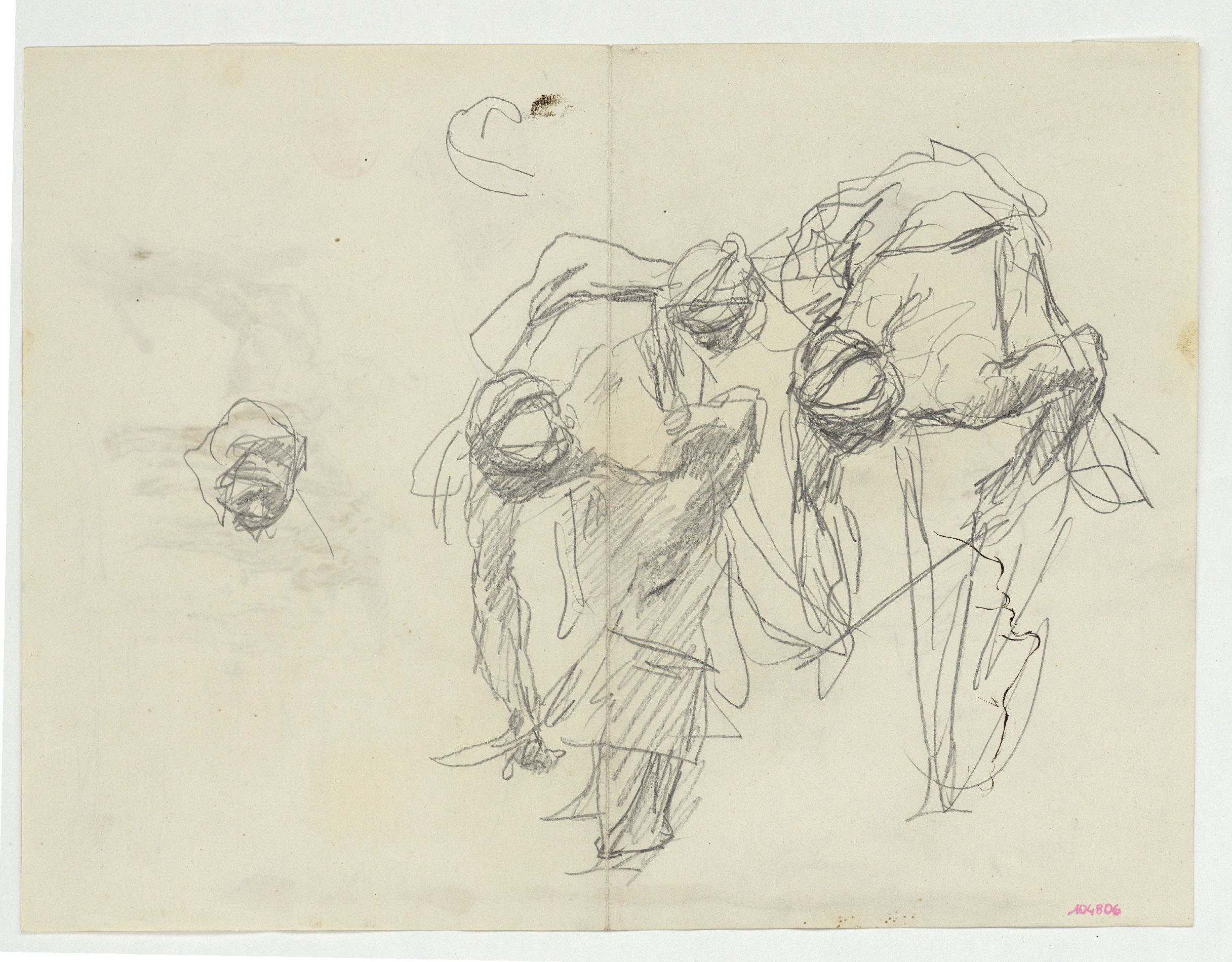 image for: Marià Fortuny - Estudi per al quadre «L&#039;esmolador de sabres» (anvers) / Croquis inconcrets, cap de marroquí i genets a cavall (revers) - Cap a 1872