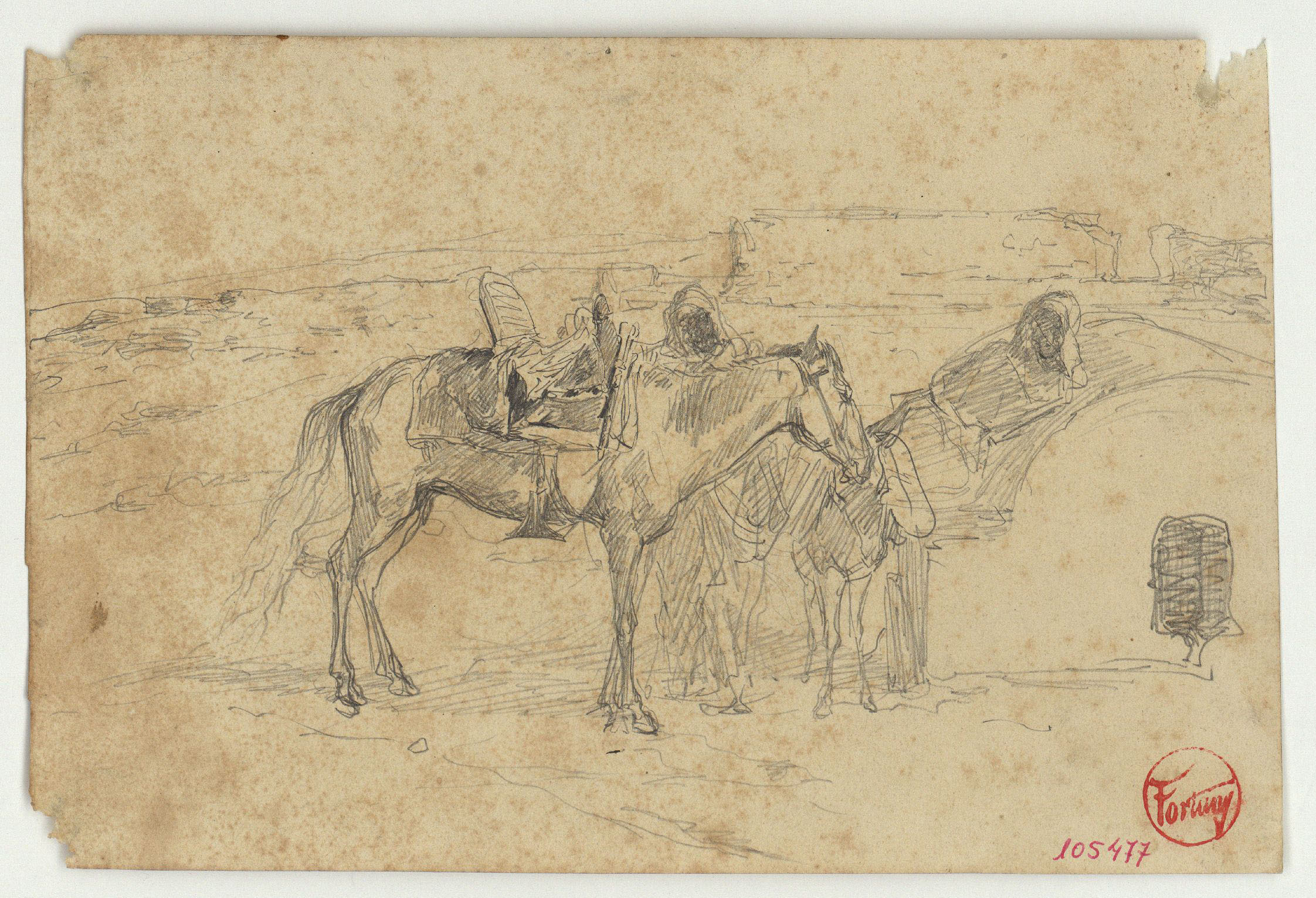 image for: Marià Fortuny - Marroquins, cavall i rucs en un paisatge - Cap a 1860-1862